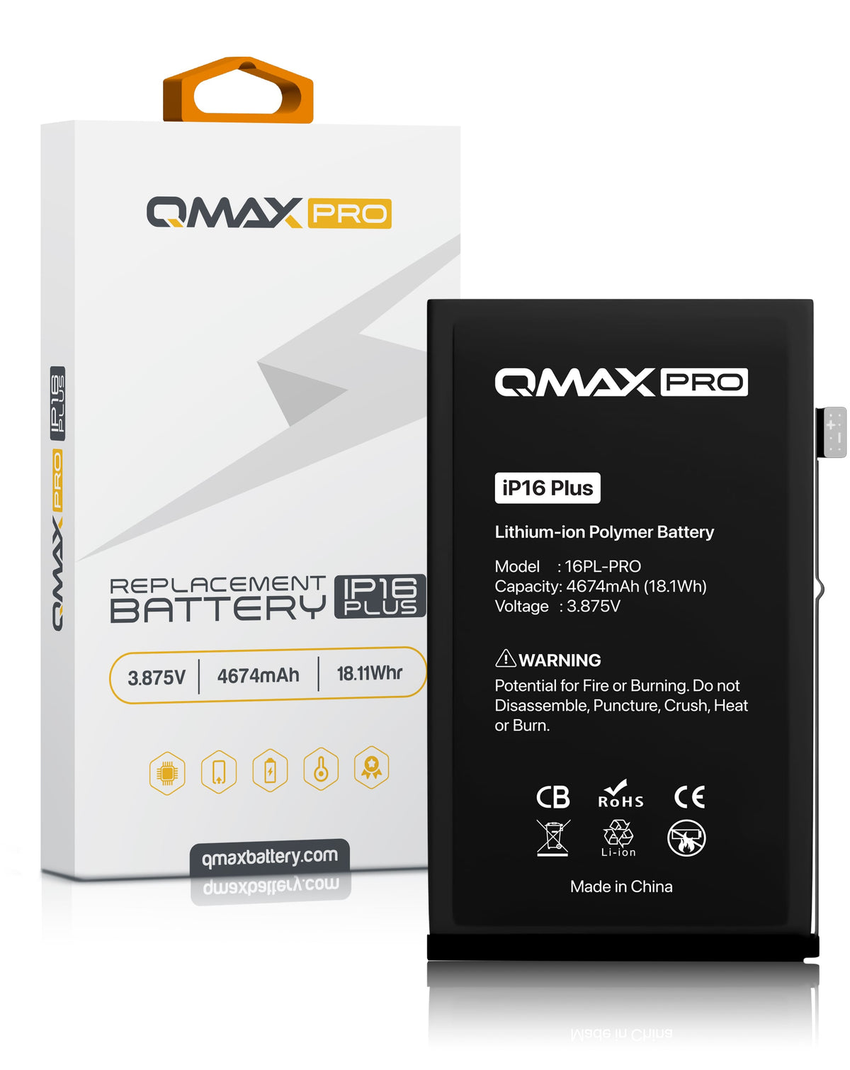 QMAX Pro Replacement Battery for iPhone 16 Plus (4674 mAh) (Only Ground Shipping)