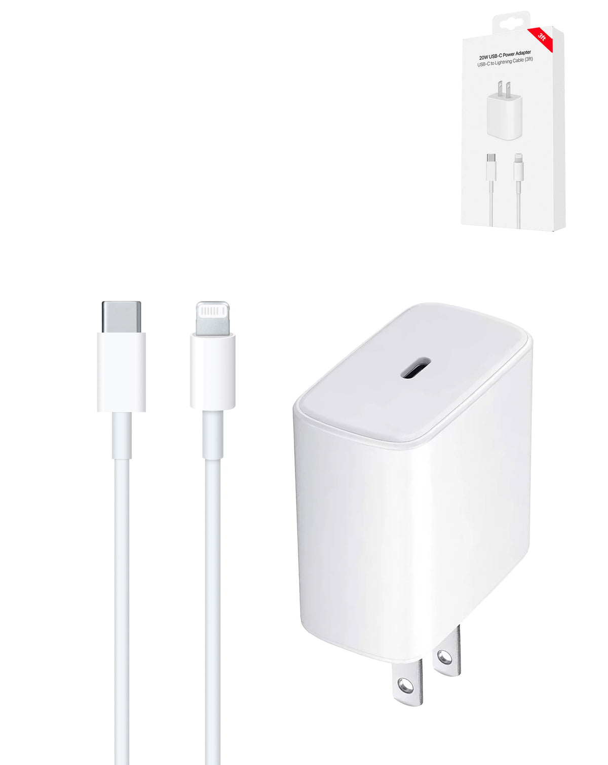 USB C-L Non-MFI Charging Cable with USB-C Power Adapter (3ft) (20W) (Only Ground Shipping)