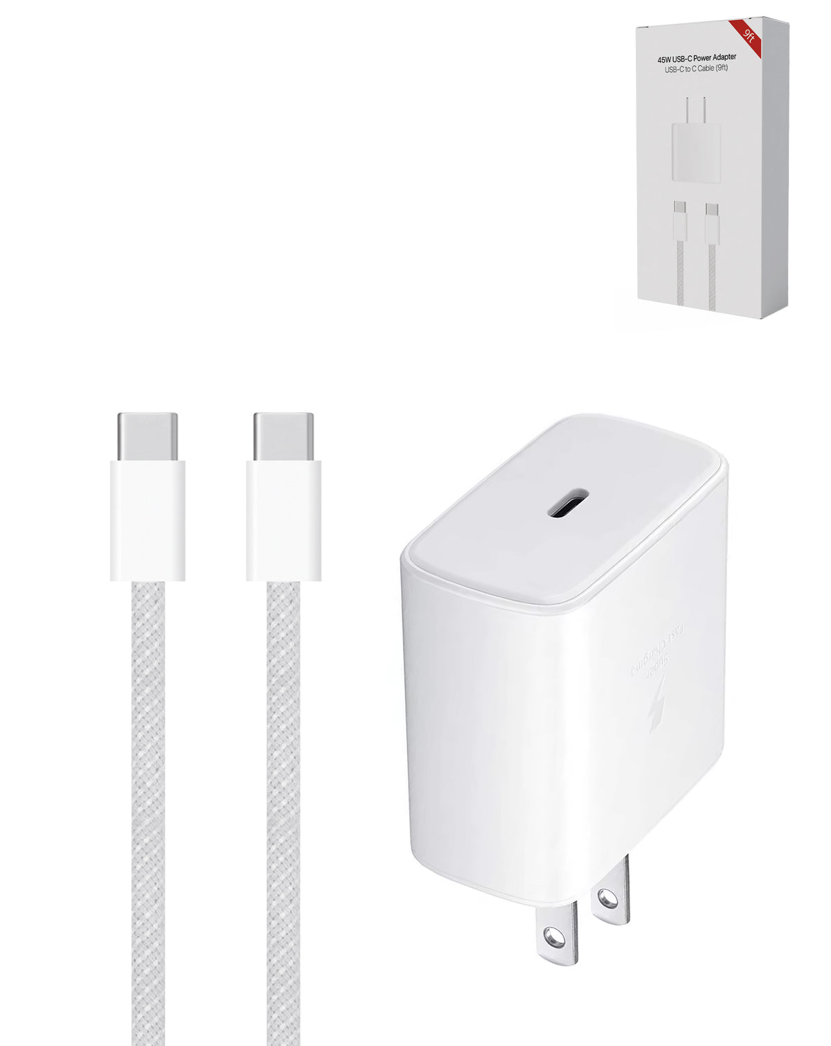 100W USB C-C Fast Charging Cable with USB-C Power Adapter for iPhone 15/16/17 and iPads Series (9ft) (45W) (Only Ground Shipping)