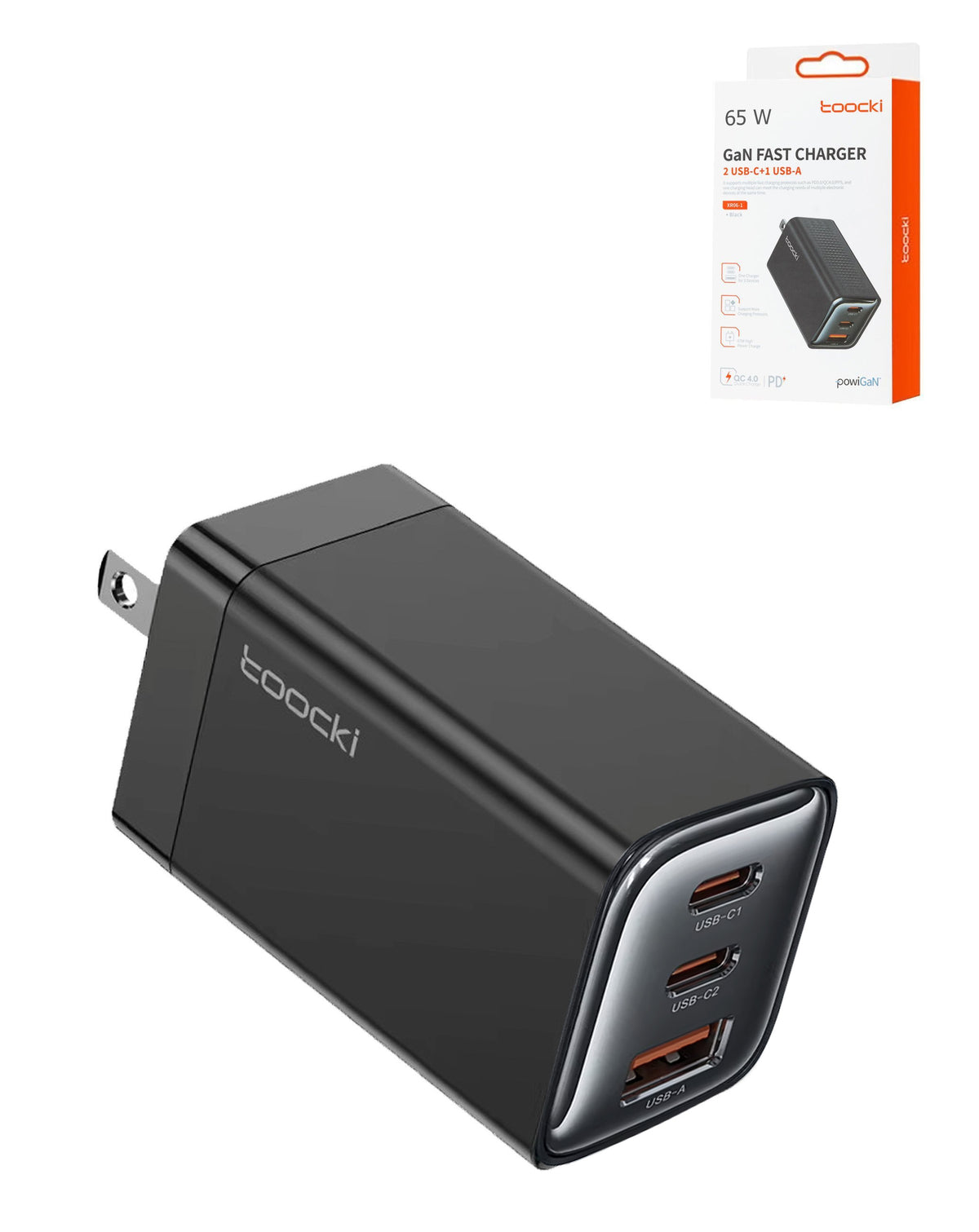 Toocki 65W USB A+ 2x USB C Fast GaN Charger (BLACK) (Only Ground Shipping)