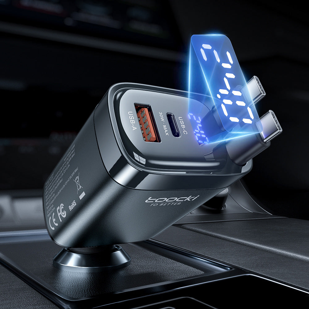 Toocki PD USB C+C+A Car Charger with Display (BLACK) (105W) (Only Ground Shipping)