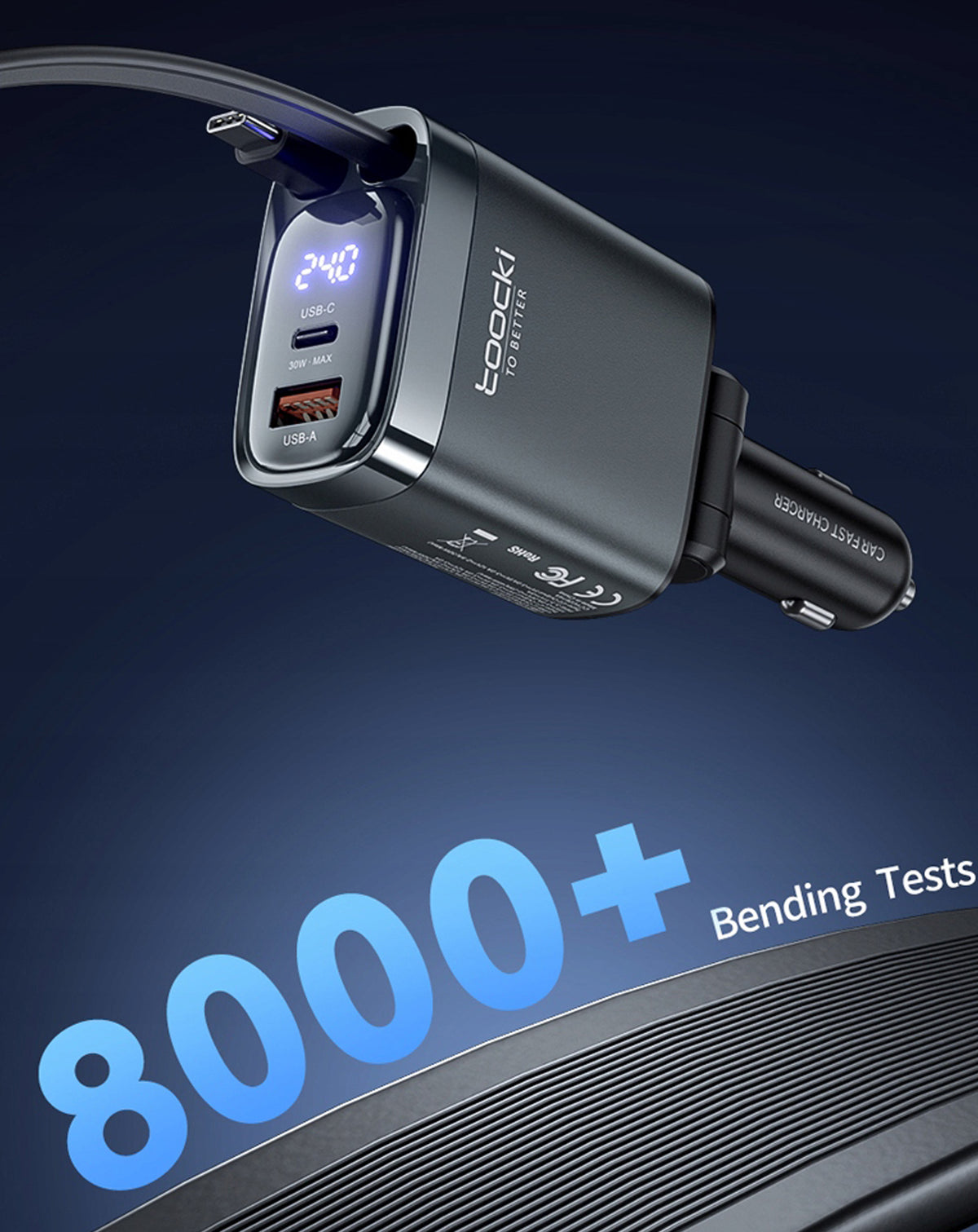 Toocki PD USB C+C+A Car Charger with Display (BLACK) (105W) (Only Ground Shipping)