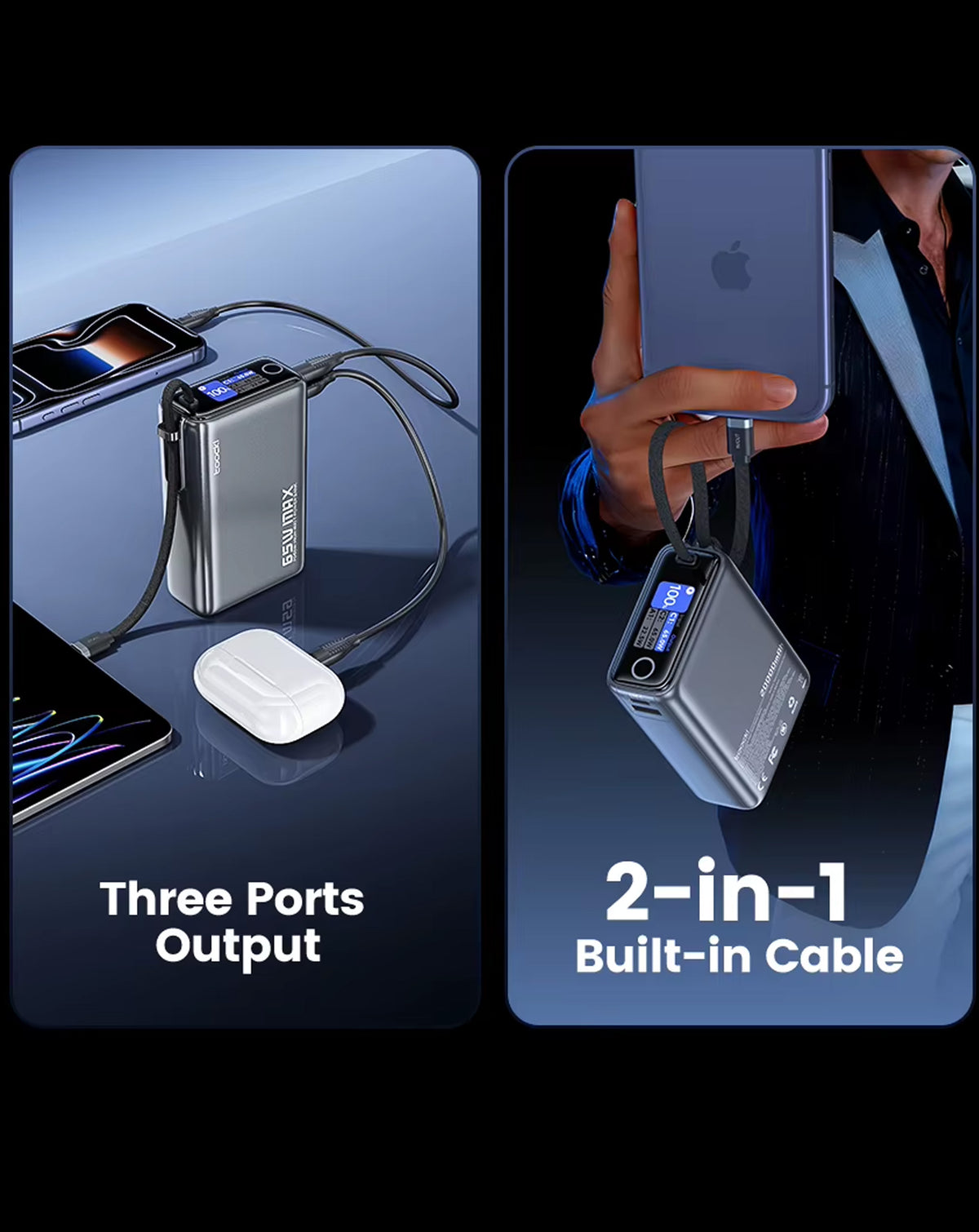 Toocki Energy Cube Power Bank with Built-In Cable and LCD Indicator (20000 mAh / 65W) (Only Ground Shipping)