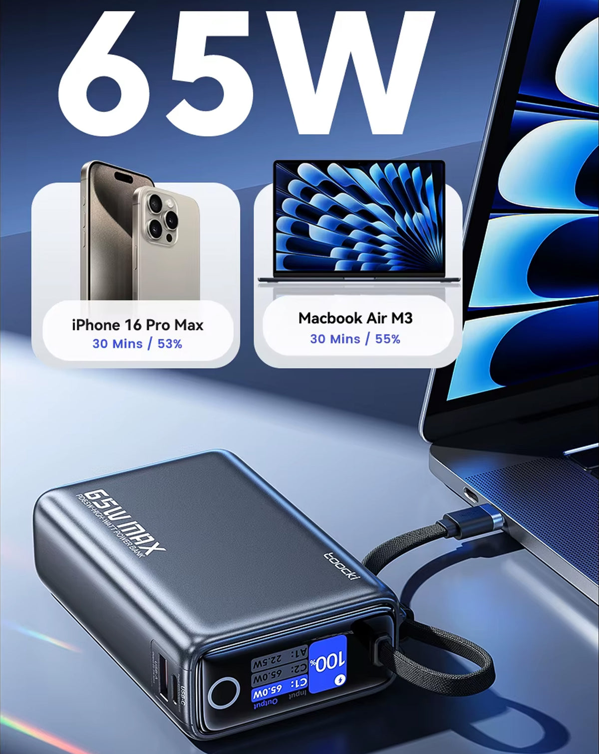 Toocki Energy Cube Power Bank with Built-In Cable and LCD Indicator (20000 mAh / 65W) (Only Ground Shipping)