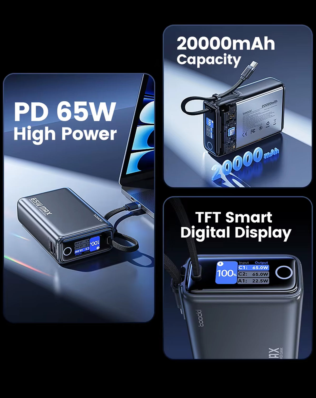 Toocki Energy Cube Power Bank with Built-In Cable and LCD Indicator (20000 mAh / 65W) (Only Ground Shipping)