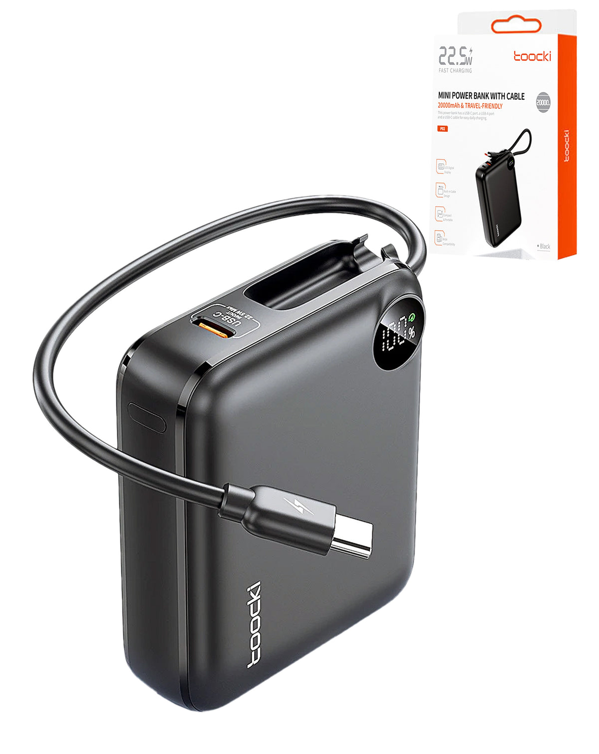 Toocki Power Bank with Built-In Cable and LCD Indicator (10000 mAh / 22.5W) (Only Ground Shipping)