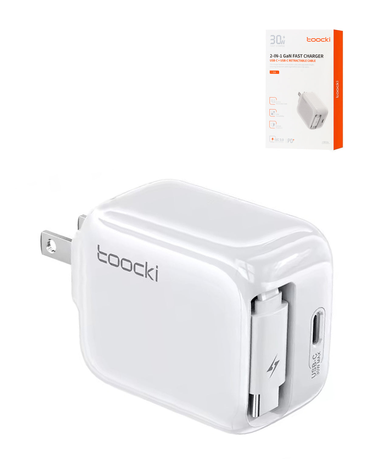 Toocki PD Built-In USB C Cable Wall Charger (WHITE) (30W) (Only Ground Shipping)