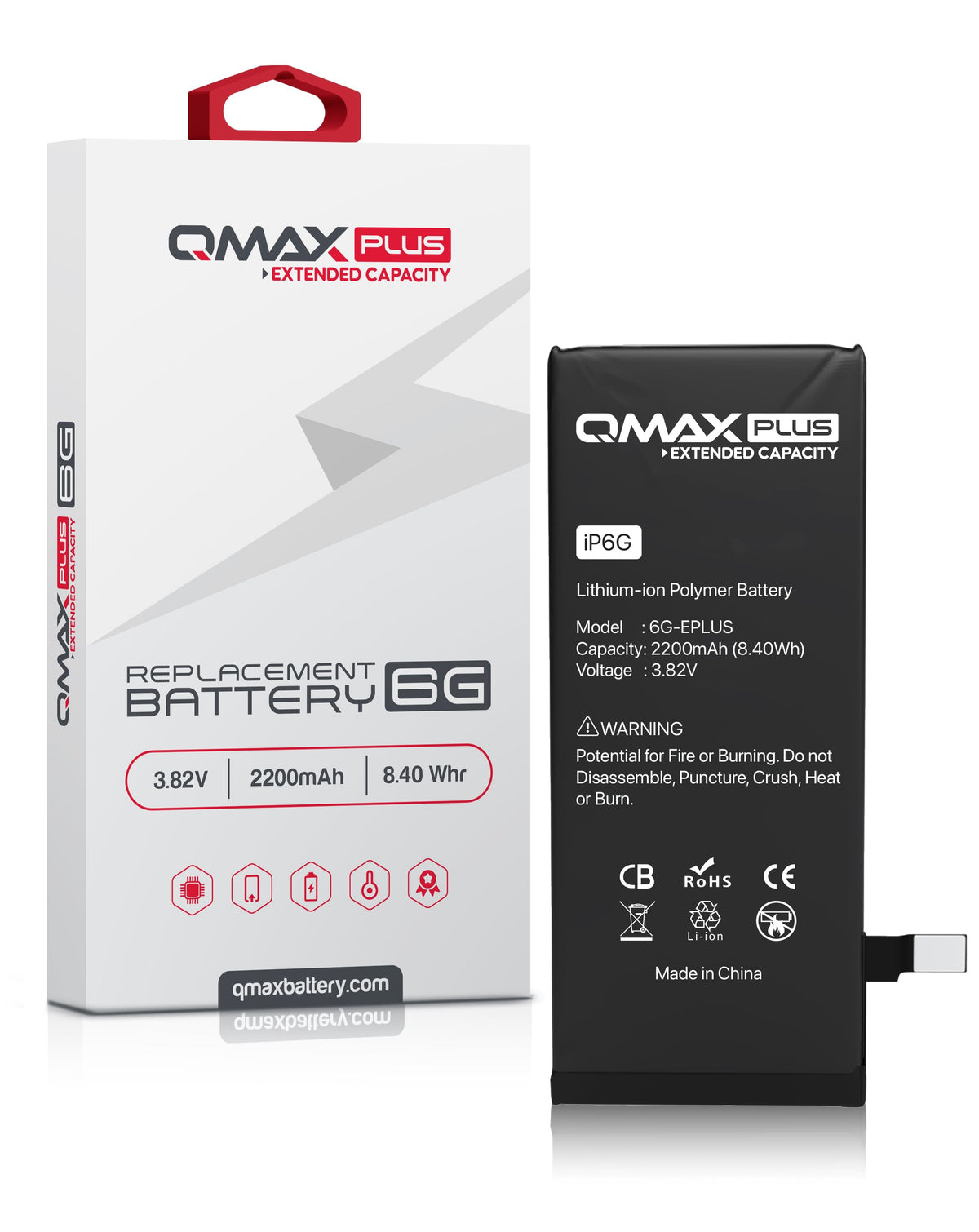 QMAX Plus Extended Capacity Replacement Battery for iPhone 6 (2200 mAh) (Only Ground Shipping)