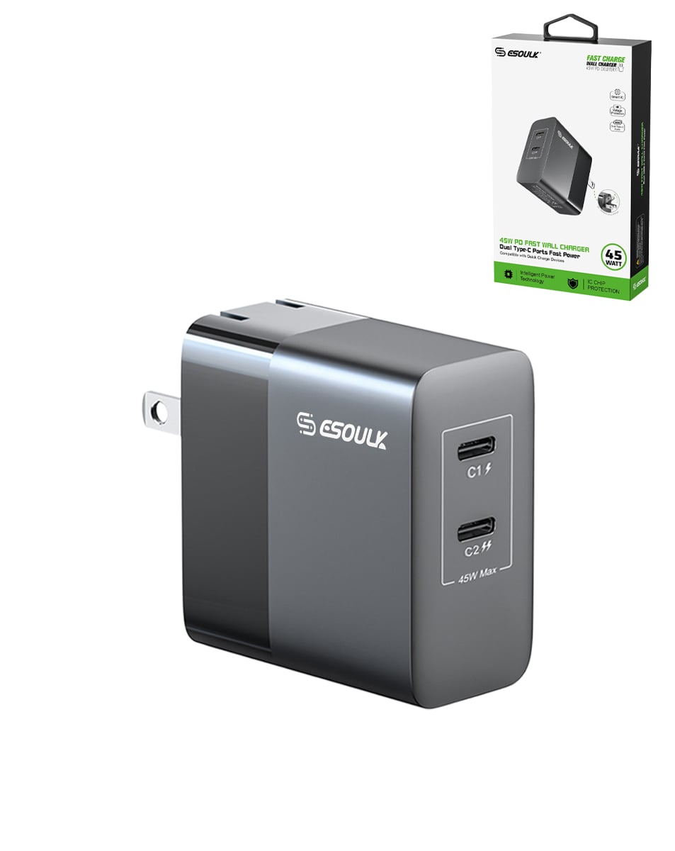 Esoulk PD Dual USB-C Wall Charger (45W) (BLACK) (Only Ground Shipping)