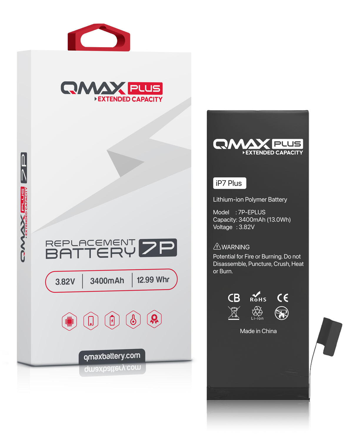 QMAX Plus Extended Capacity Replacement Battery for iPhone 7 Plus (3400 mAh) (Only Ground Shipping)