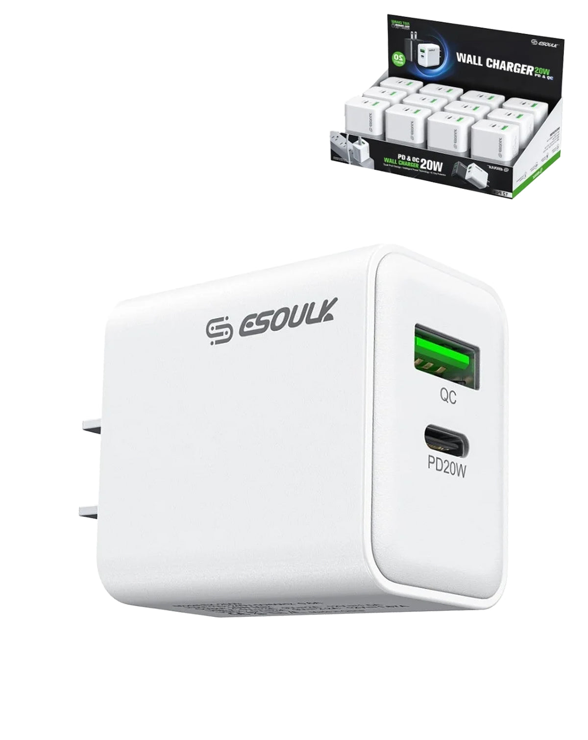 Esoulk PD & QC Wall Charger (WHITE) (20W) (Pack of 12) (Only Ground Shipping)