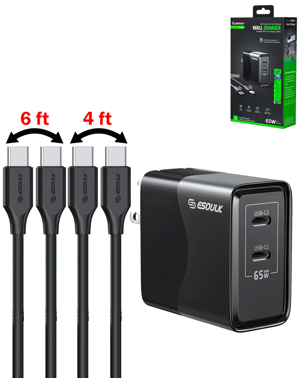 Esoulk EK2005 Dual USB C Wall Charging Plug w/ 4ft & 6ft USB C Cable (BLACK) (65W) (Only Ground Shipping)