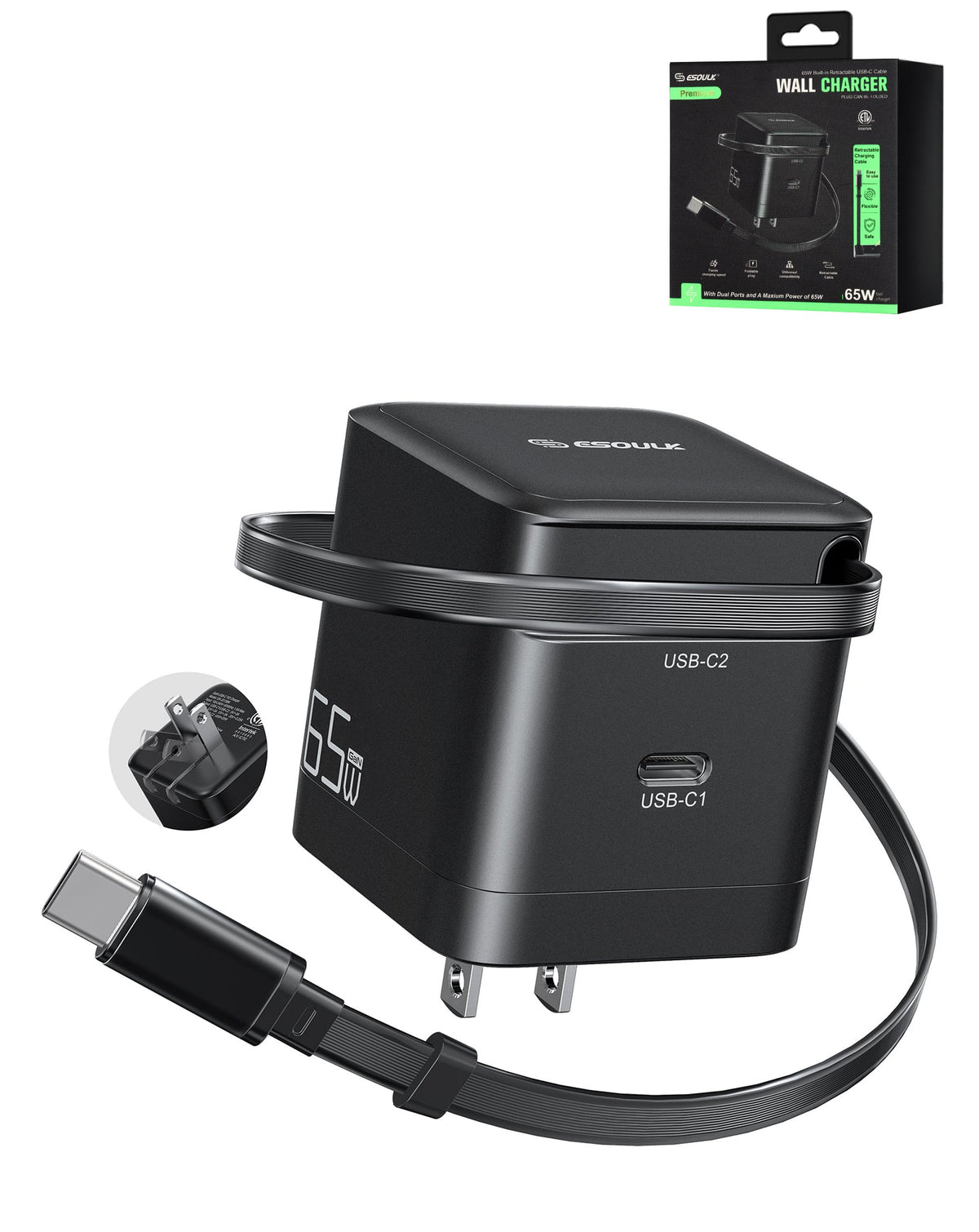 Esoulk Wall Charger Built-in Retractable with USB C Cable (BLACK) (65W) (Only Ground Shipping)