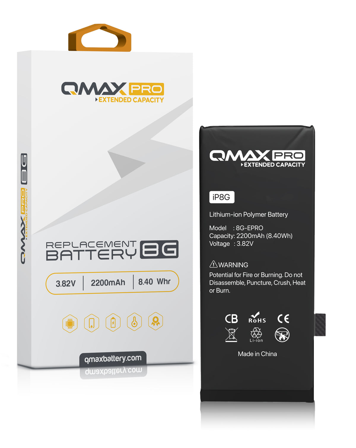 QMAX Pro Extended Capacity Replacement Battery for iPhone 8 (2200 mAh) (Only Ground Shipping)