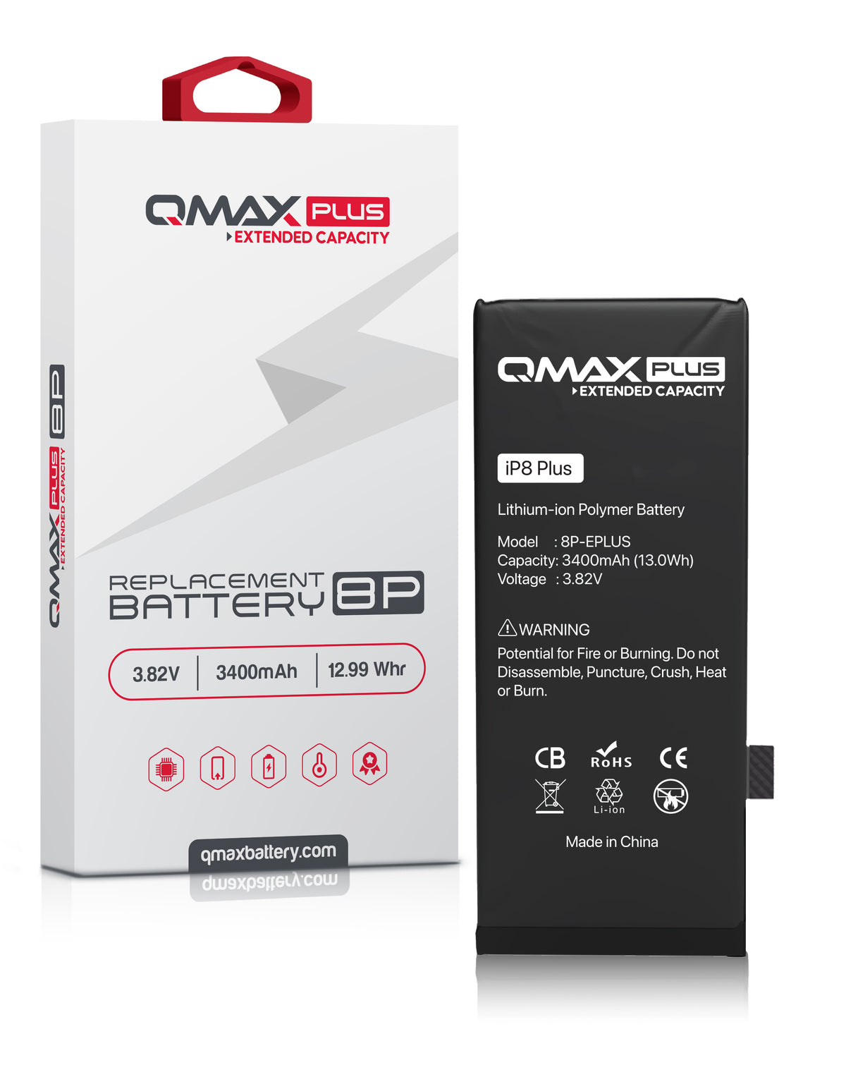 QMAX Plus Extended Capacity Replacement Battery for iPhone 8 Plus (3400 mAh) (Only Ground Shipping)