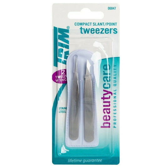 Beauty Care Slant/Point 2 Pack of Stainless Steel Tweezers w/ Case OPEN PKG B080 image 0
