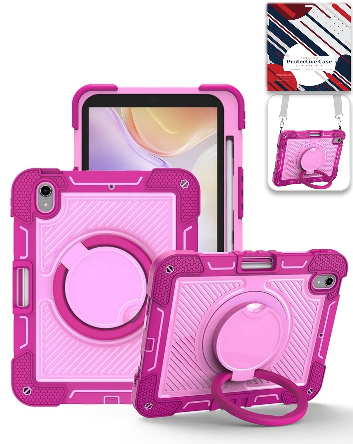 Multi-Functional Rugged Swivel Stand Case with Shoulder Strap (HOT PINK) for iPad Air 11 (2024/2025/2026) / Air 4 / Air 5 / Air 6 (Only Ground Shipping)