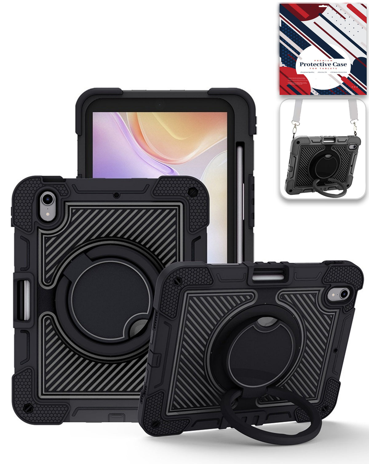 Multi-Functional Rugged Swivel Stand Case with Shoulder Strap (BLACK) for iPad Air 11 (2024/2025/2026) / Air 4 / Air 5 / Air 6 (Only Ground Shipping)