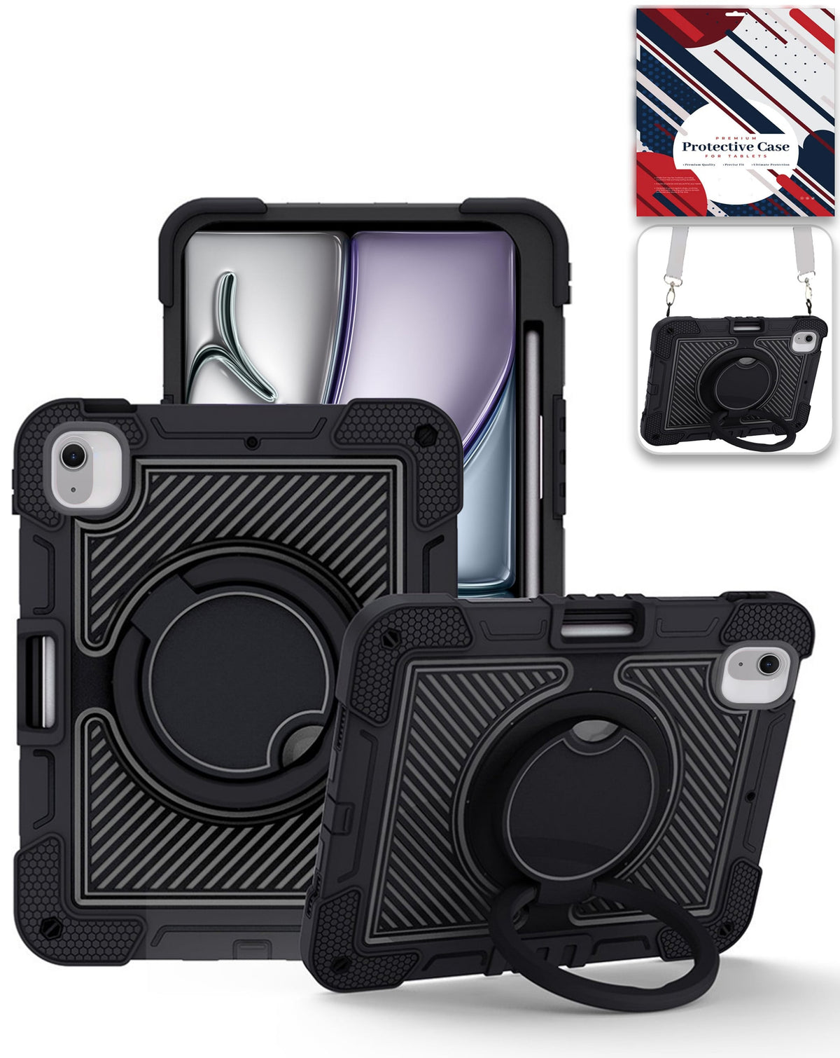 Multi-Functional Rugged Swivel Stand Case with Shoulder Strap (BLACK) for iPad Air 13 (2024 / 2025 / 2026) (Only Ground Shipping)