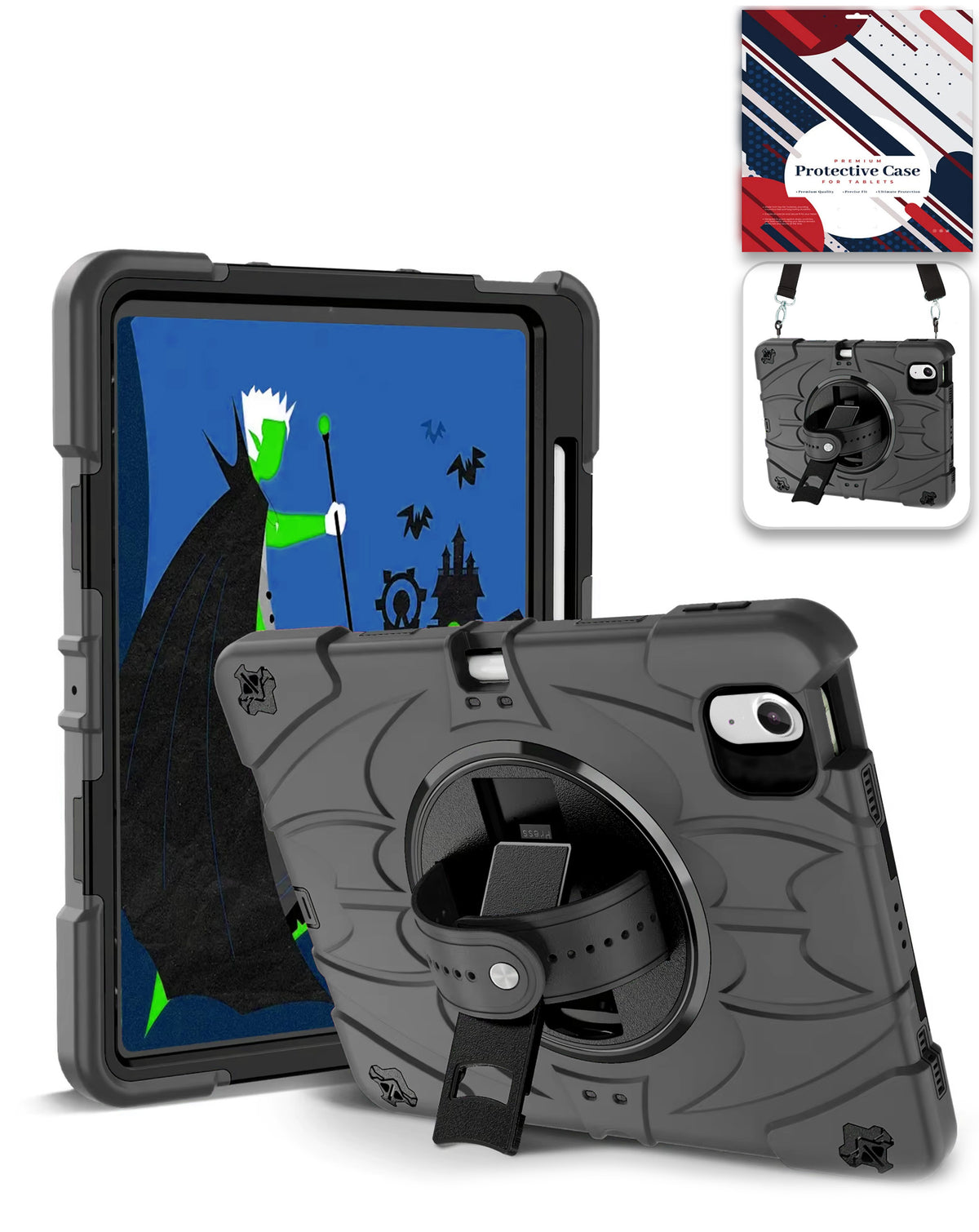 Rugged Tablet Case with Rotating Stand & Shoulder Strap (BLACK) for iPad Air 13 (2024 / 2025 / 2026) (Only Ground Shipping)