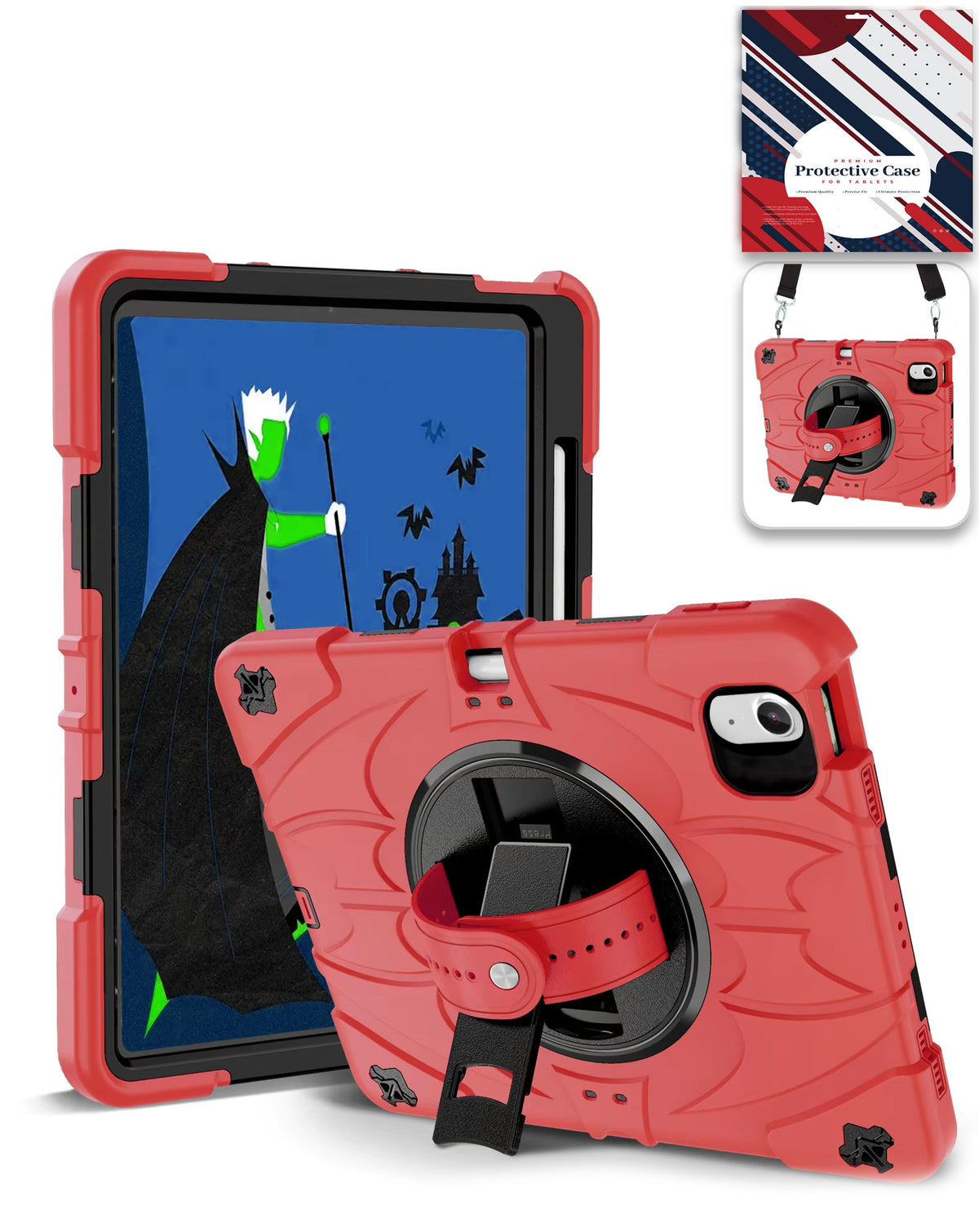 Rugged Tablet Case with Rotating Stand & Shoulder Strap (RED) for iPad Air 13 (2024 / 2025 / 2026) (Only Ground Shipping)