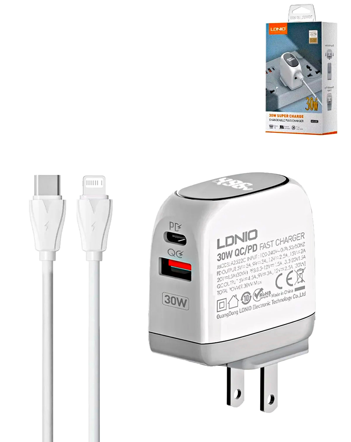 LDNIO A2522C QC3.0+PD Dual USB A Wall Charger with USB C-L Non-MFI Cable (3ft) (30W) (Only Ground Shipping)