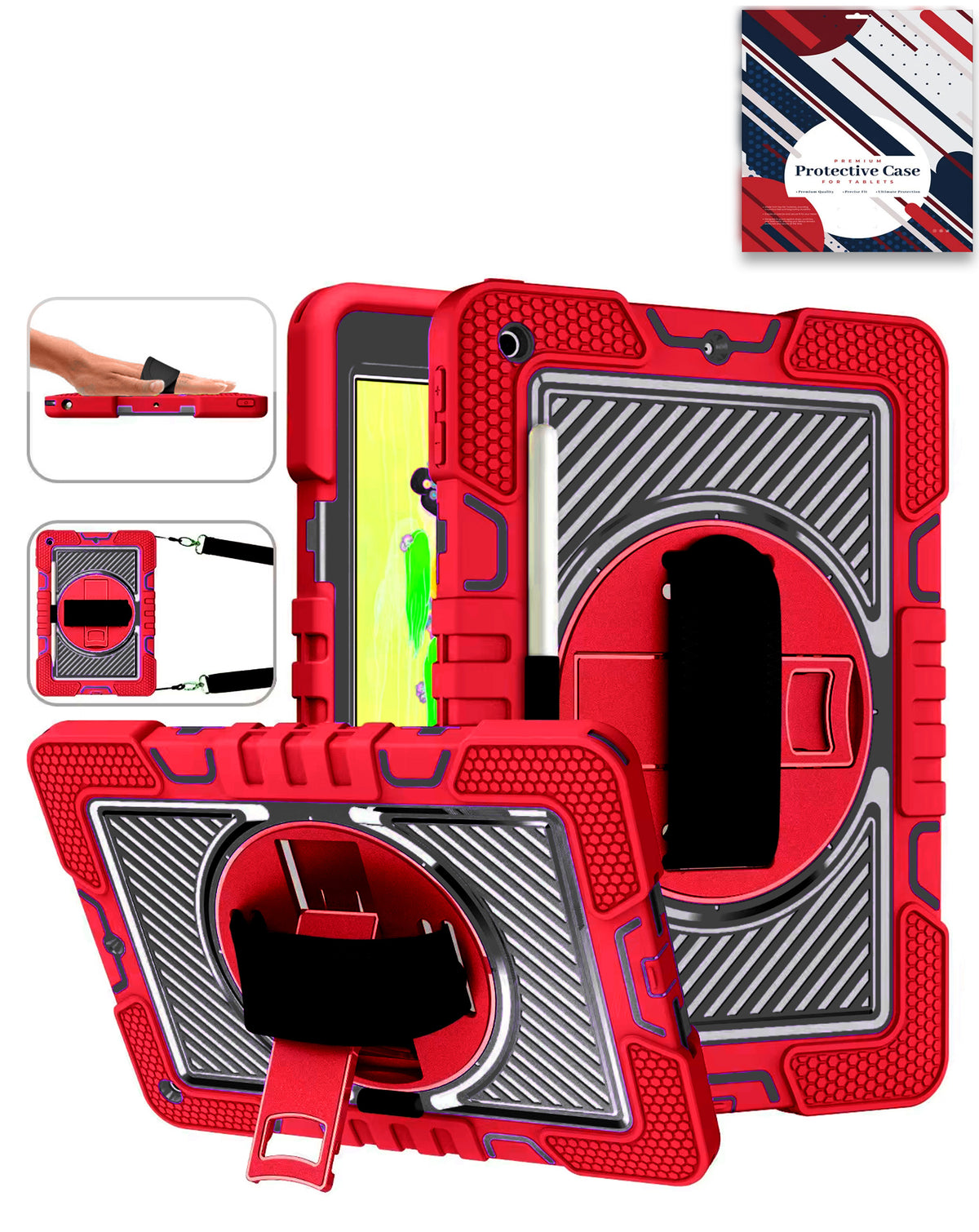 360 Rotating Hand Strap & Kickstand Case with Shoulder Strap (RED) for iPad 10.2" (7th / 8th / 9th) / Air 3 / Pro 10.5 (Only Ground Shipping)