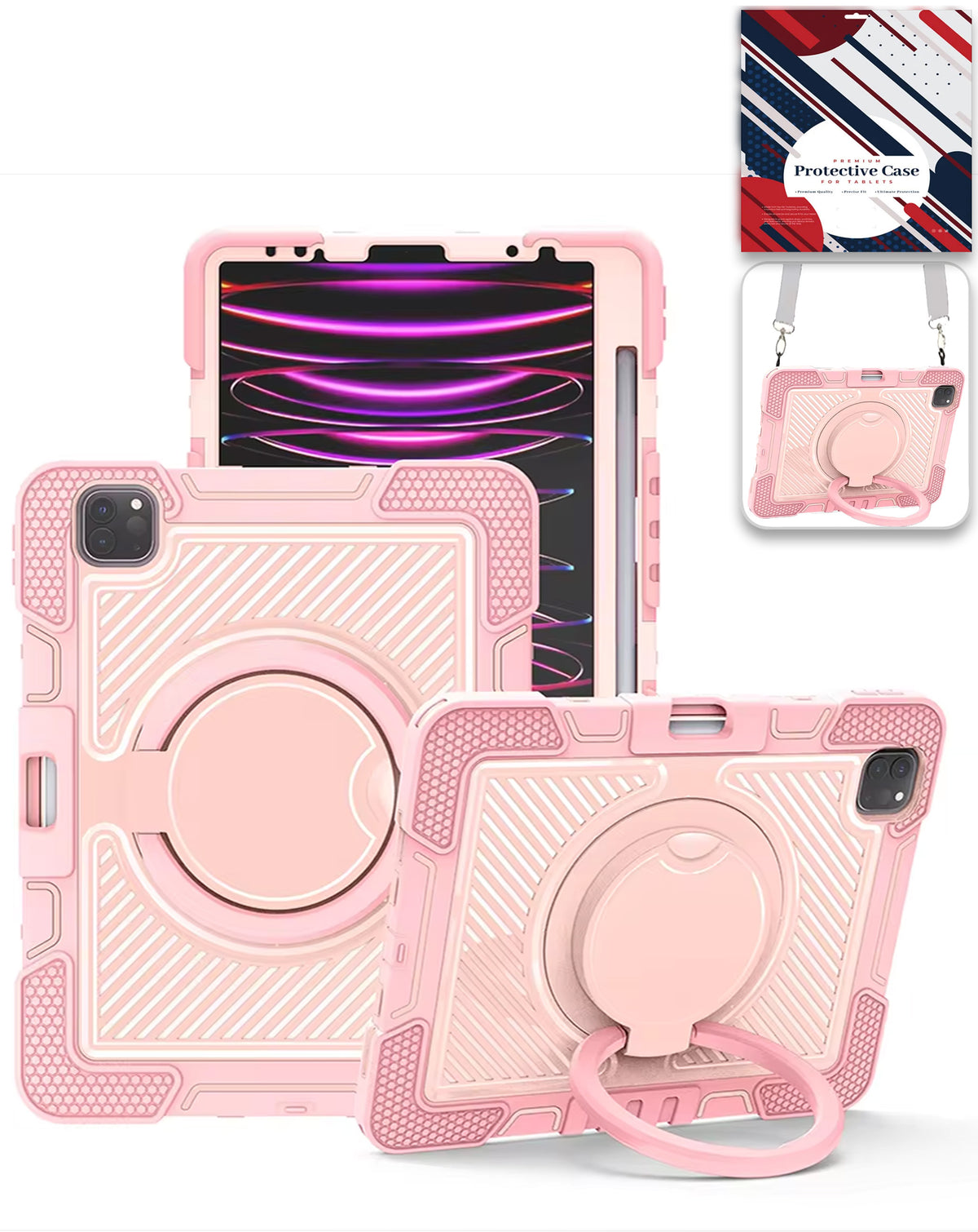 Multi-Functional Rugged Swivel Stand Case with Shoulder Strap (PINK) for iPad Pro 13 (2024 / 2025) (Only Ground Shipping)