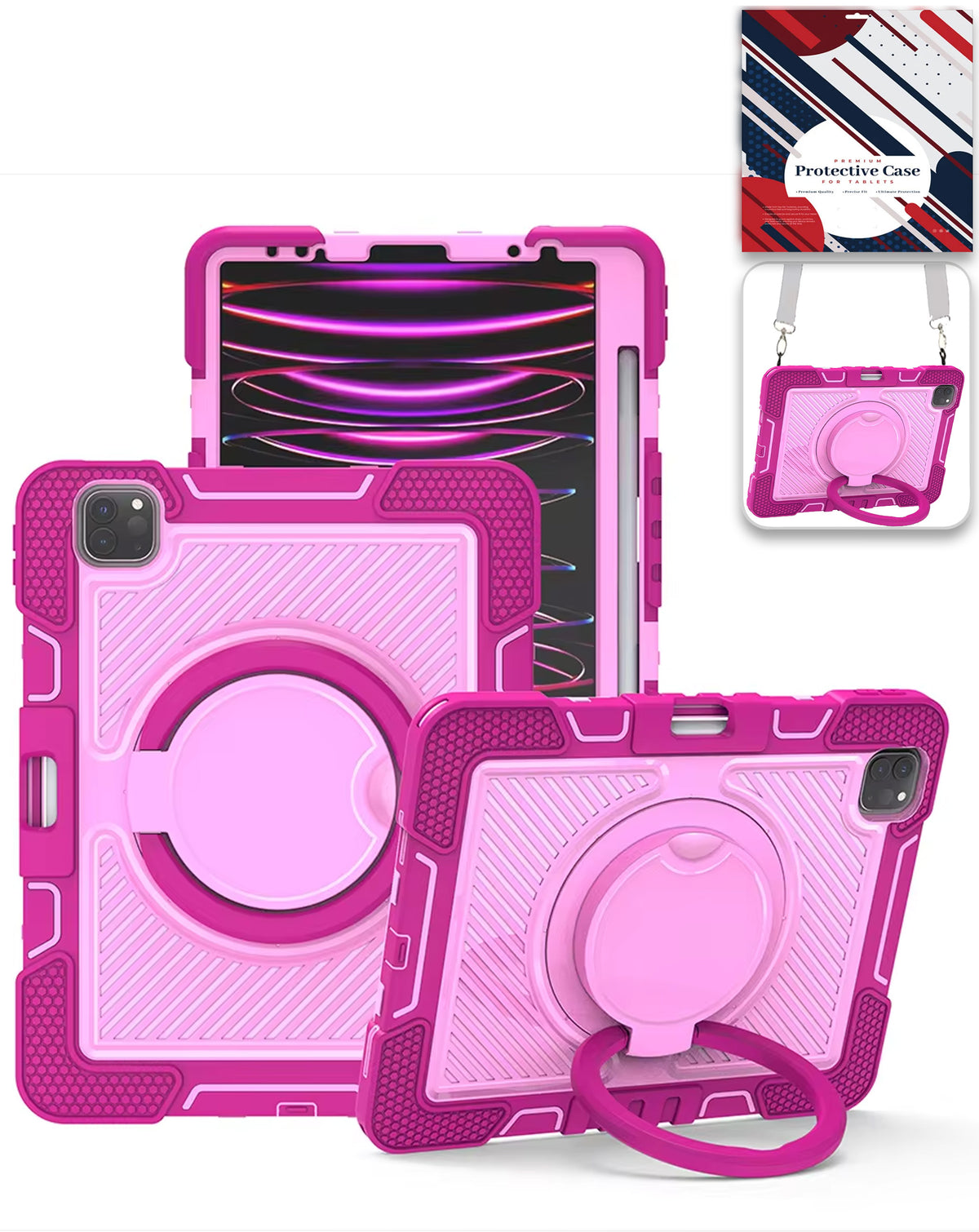 Multi-Functional Rugged Swivel Stand Case with Shoulder Strap (HOT PINK) for iPad Pro 13 (2024 / 2025) (Only Ground Shipping)