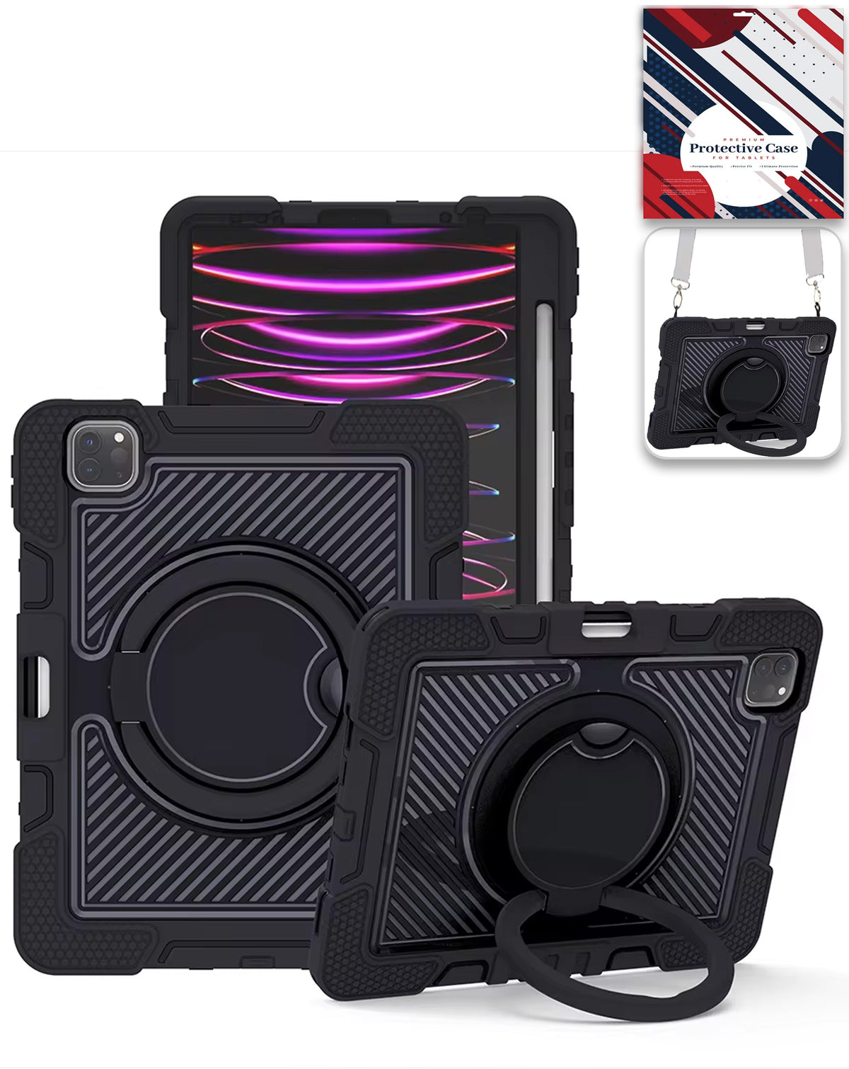 Multi-Functional Rugged Swivel Stand Case with Shoulder Strap (BLACK) for iPad Pro 13 (2024 / 2025) (Only Ground Shipping)
