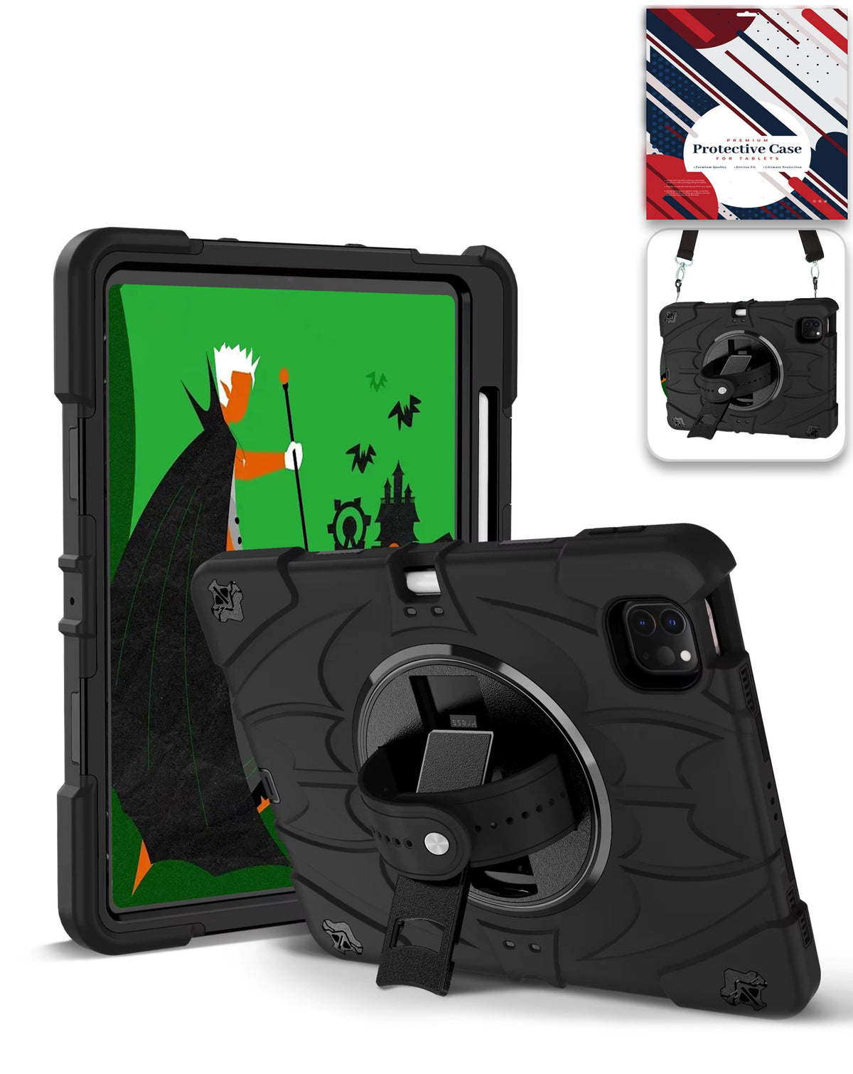 Rugged Tablet Case with Rotating Stand & Shoulder Strap (BLACK) for iPad Pro 13 (2024 / 2025) (Only Ground Shipping)