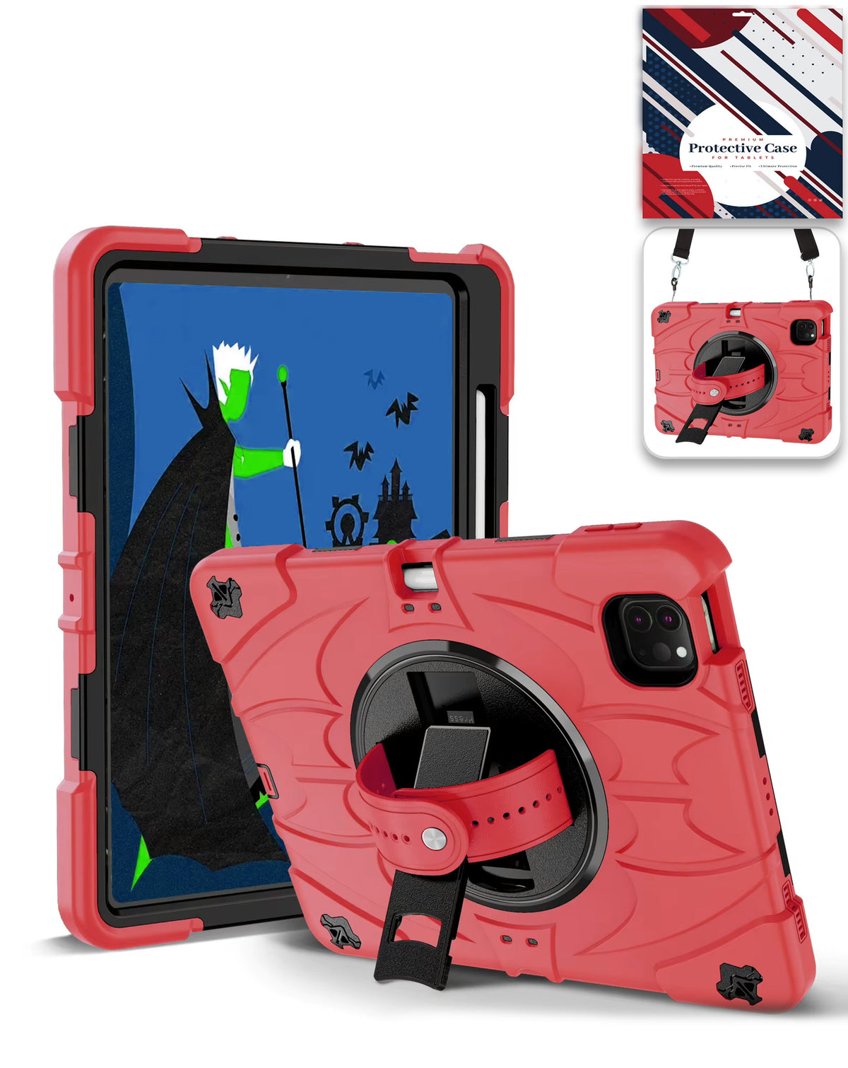 Rugged Tablet Case with Rotating Stand & Shoulder Strap (RED) for iPad Pro 13 (2024 / 2025) (Only Ground Shipping)