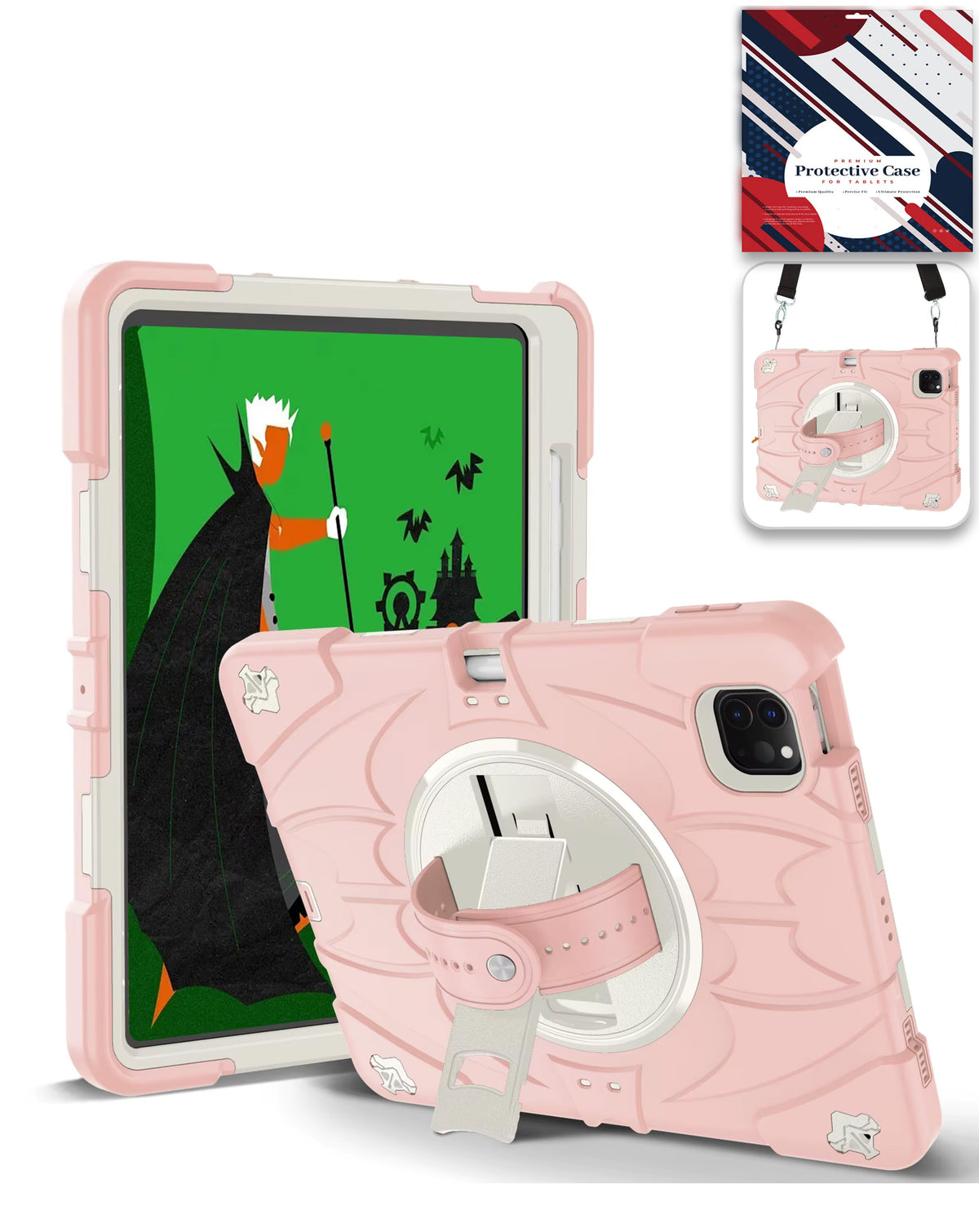 Rugged Tablet Case with Rotating Stand & Shoulder Strap (PINK) for iPad Pro 13 (2024 / 2025) (Only Ground Shipping)