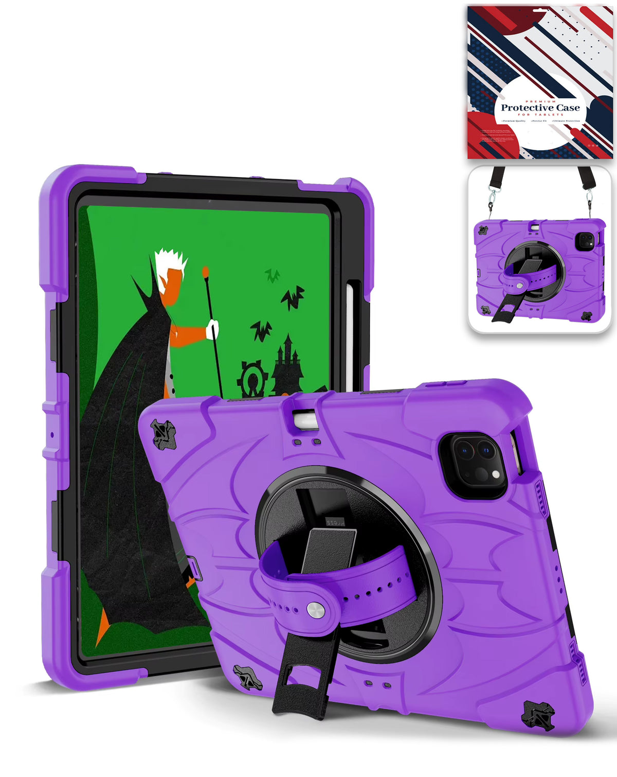 Rugged Tablet Case with Rotating Stand & Shoulder Strap (PURPLE) for iPad Pro 13 (2024 / 2025) (Only Ground Shipping)