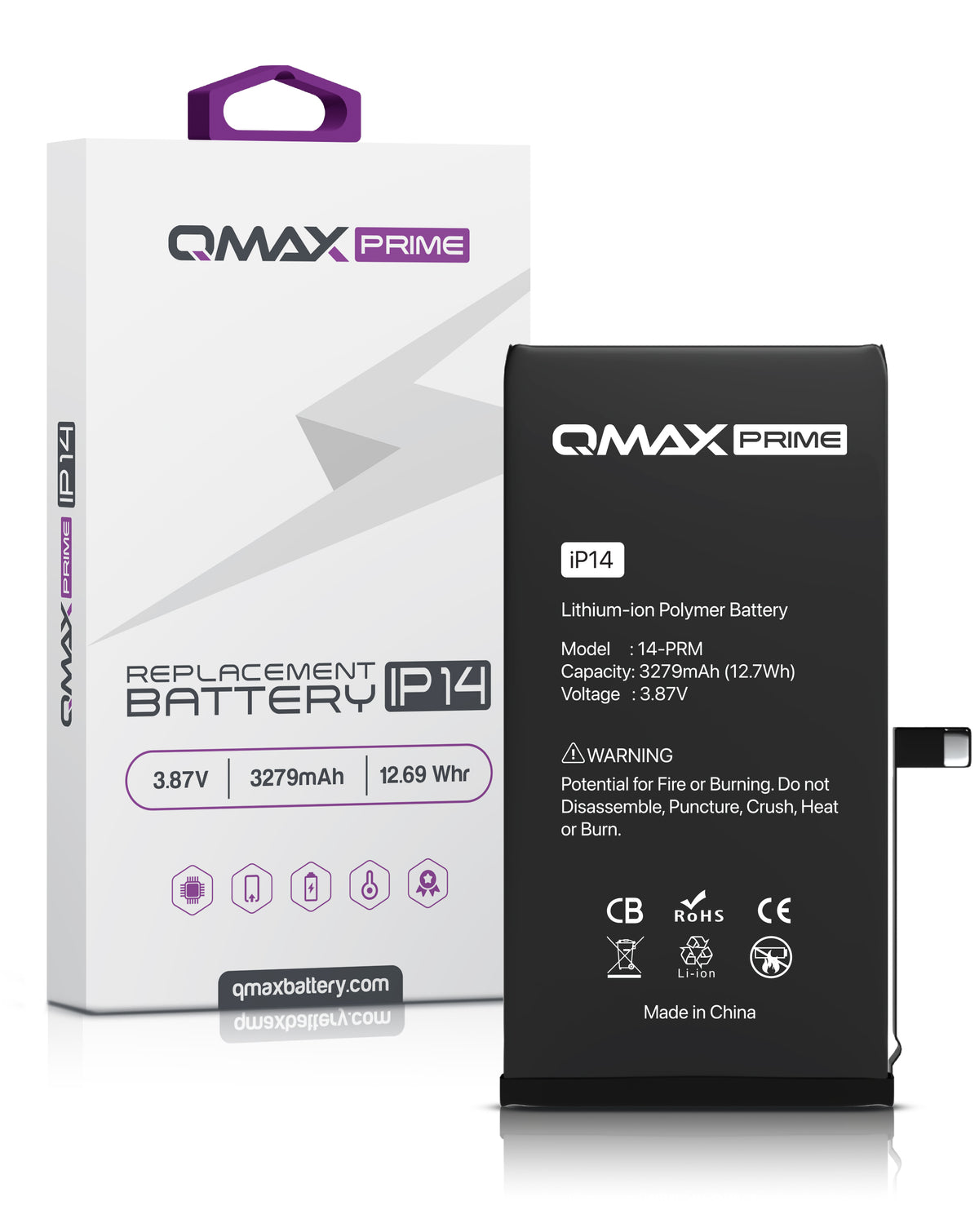 QMAX Prime Replacement Battery for iPhone 14 (Spot Weld NOT Required) (3279 mAh) (Only Ground Shipping)