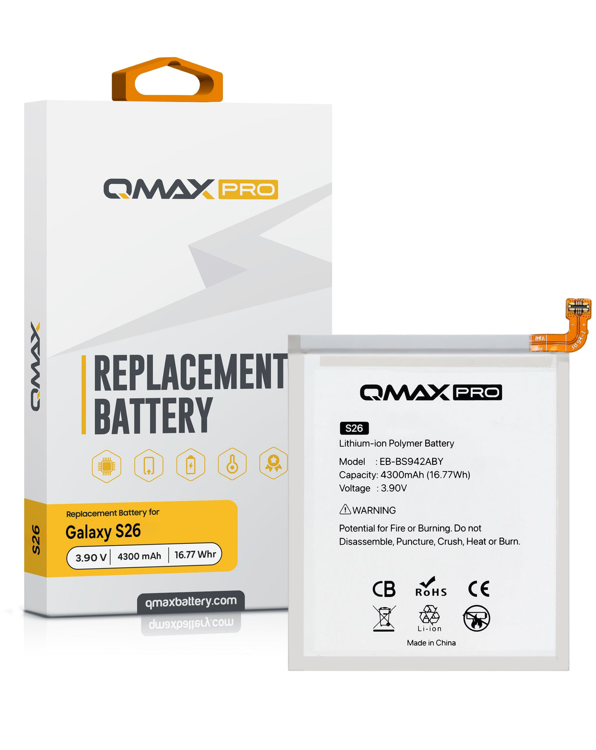 QMAX Pro Replacement Battery for Galaxy S26 (S942) (4300 mAh) (EB-BS942ABY) (Only Ground Shipping)