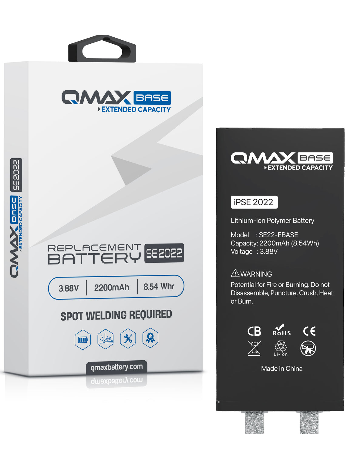 QMAX Base Extended Capacity Replacement Battery for iPhone SE 2022 (Spot Weld Required) (2200 mAh) (Only Ground Shipping)