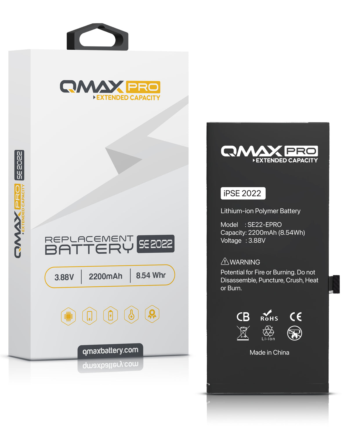 QMAX Pro Extended Capacity Replacement Battery for iPhone SE 2022 (2200 mAh) (Only Ground Shipping)