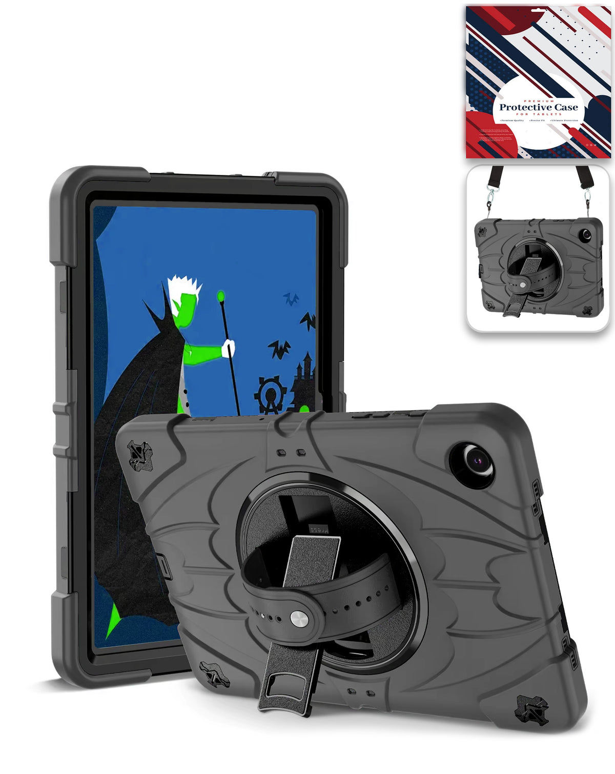 Rugged Tablet Case with Rotating Stand & Shoulder Strap (BLACK) for Galaxy Tab A9 Plus / Tab A11 Plus (Only Ground Shipping)