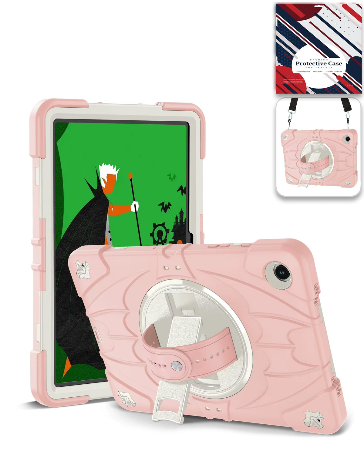 Rugged Tablet Case with Rotating Stand & Shoulder Strap (PINK) for Galaxy Tab A9 Plus / Tab A11 Plus (Only Ground Shipping)
