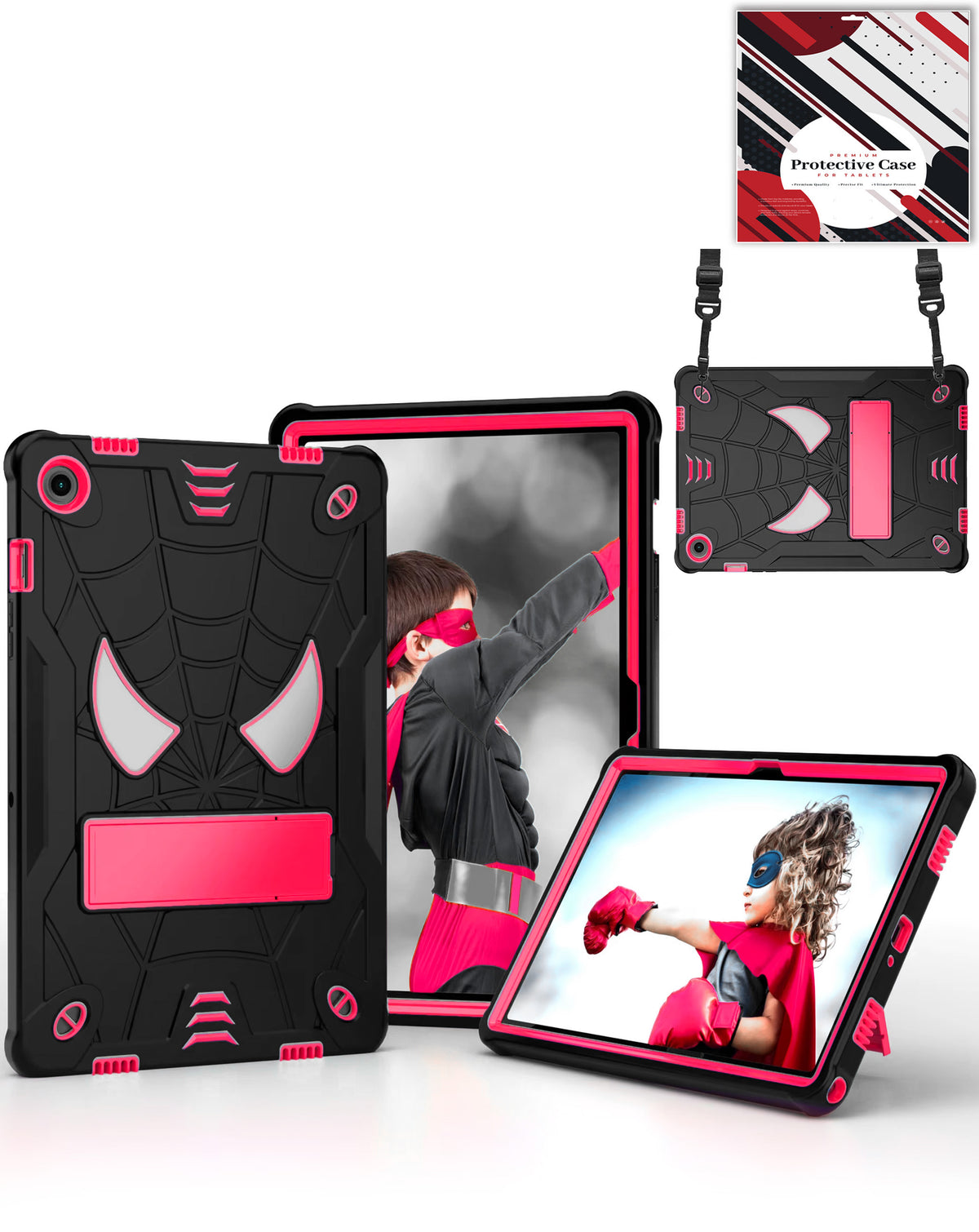 Rugged SpiderGrip Tablet Case with Kickstand & Shoulder Strap (BLACK & PINK) for Galaxy Tab A9 Plus 2023 (11") (X210, X216, X218) (Only Ground Shipping)