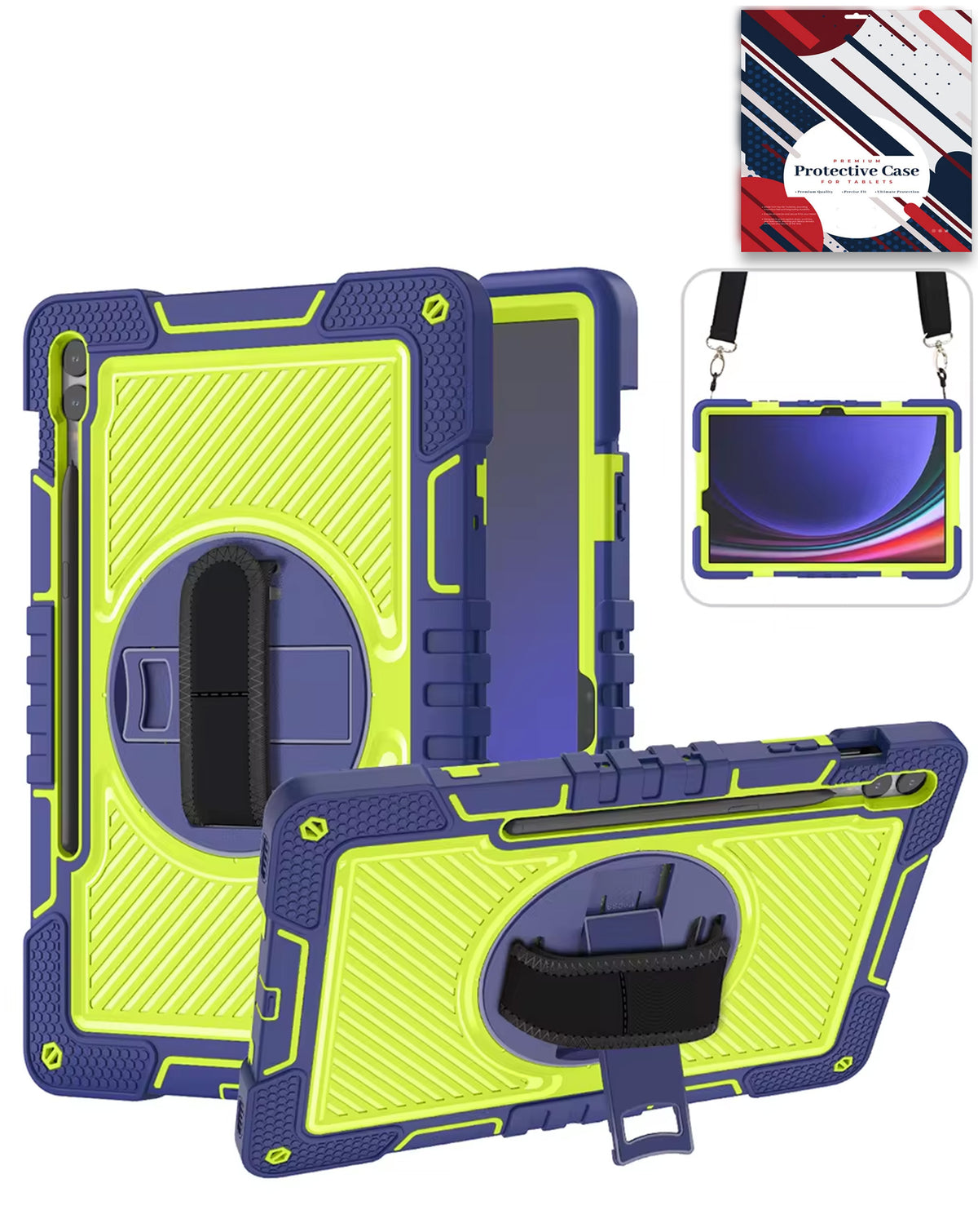 360 Rotating Hand Strap & Kickstand Case with Shoulder Strap (NAVY BLUE) for Galaxy Tab S9 FE / Tab S9 Plus / Tab S10 Plus (Only Ground Shipping)