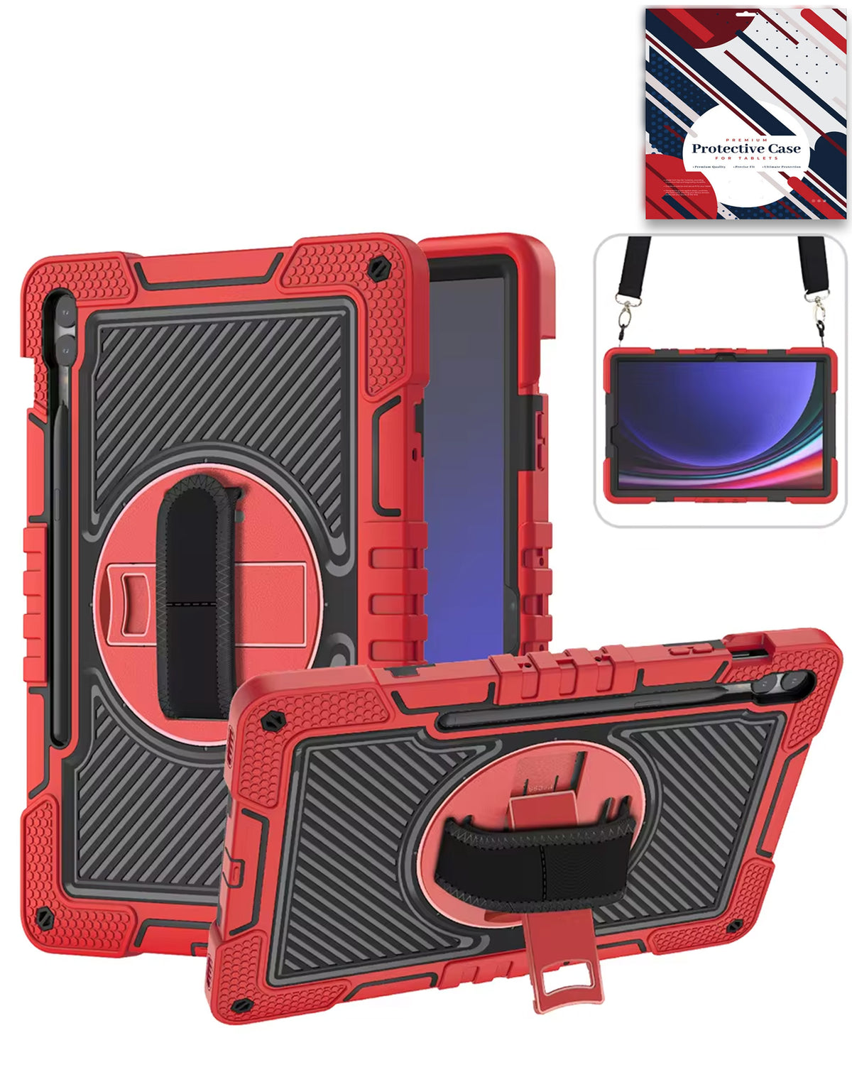 360 Rotating Hand Strap & Kickstand Case with Shoulder Strap (RED) for Galaxy Tab S9 FE / Tab S9 Plus / Tab S10 Plus (Only Ground Shipping)