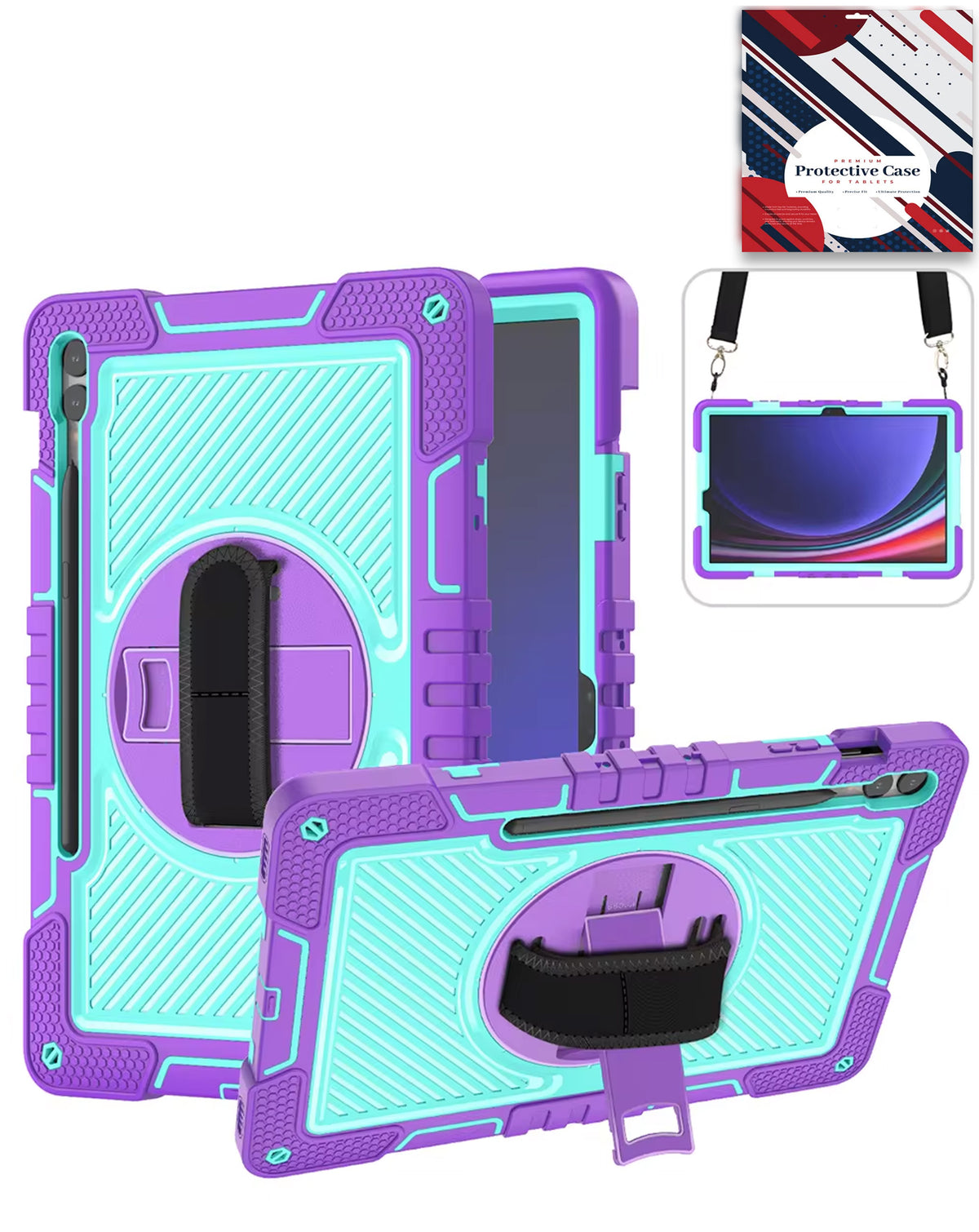 360 Rotating Hand Strap & Kickstand Case with Shoulder Strap (PURPLE) for Galaxy Tab S9 FE / Tab S9 Plus / Tab S10 Plus (Only Ground Shipping)
