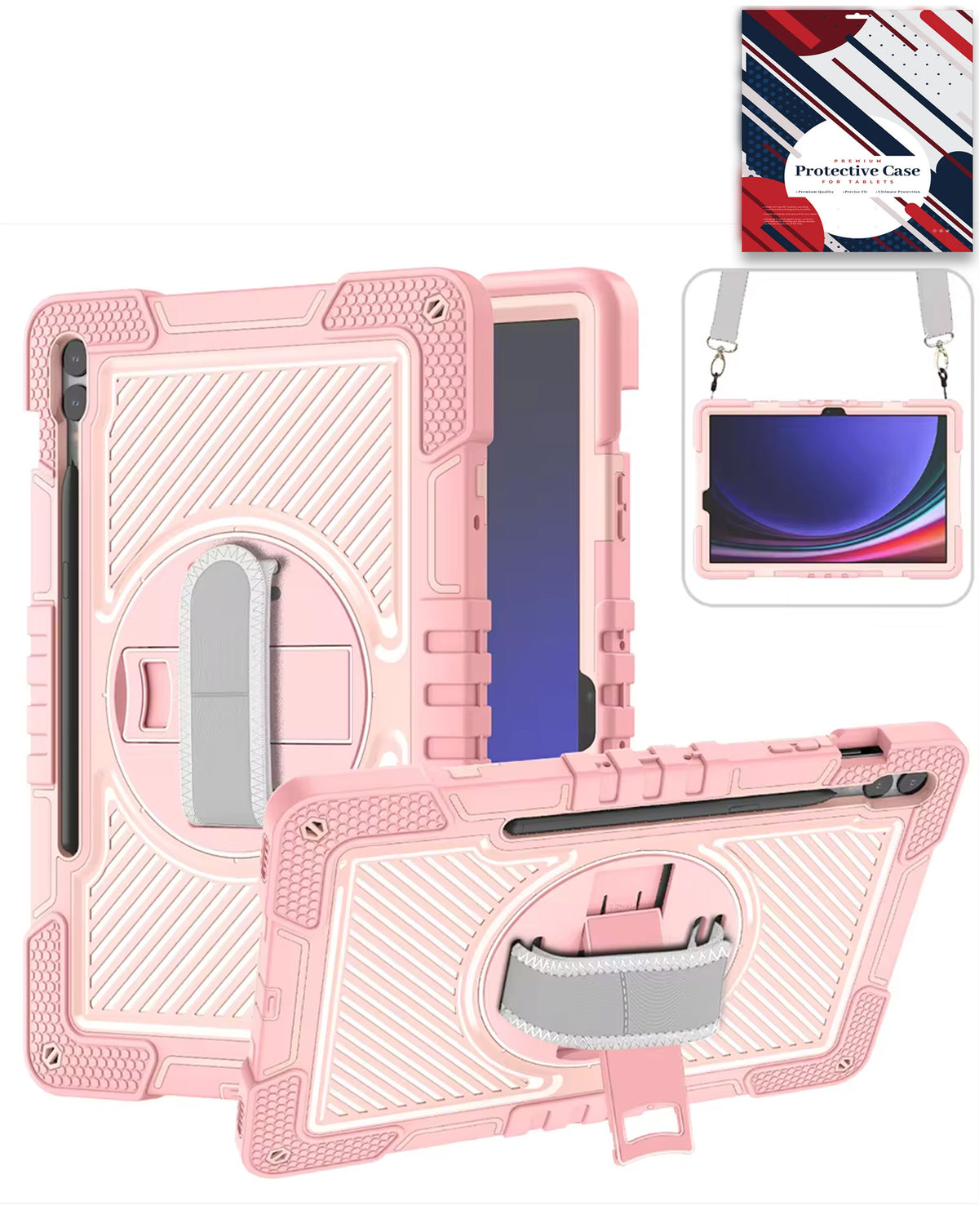 360 Rotating Hand Strap & Kickstand Case with Shoulder Strap (PINK) for Galaxy Tab S9 FE / Tab S9 Plus / Tab S10 Plus (Only Ground Shipping)