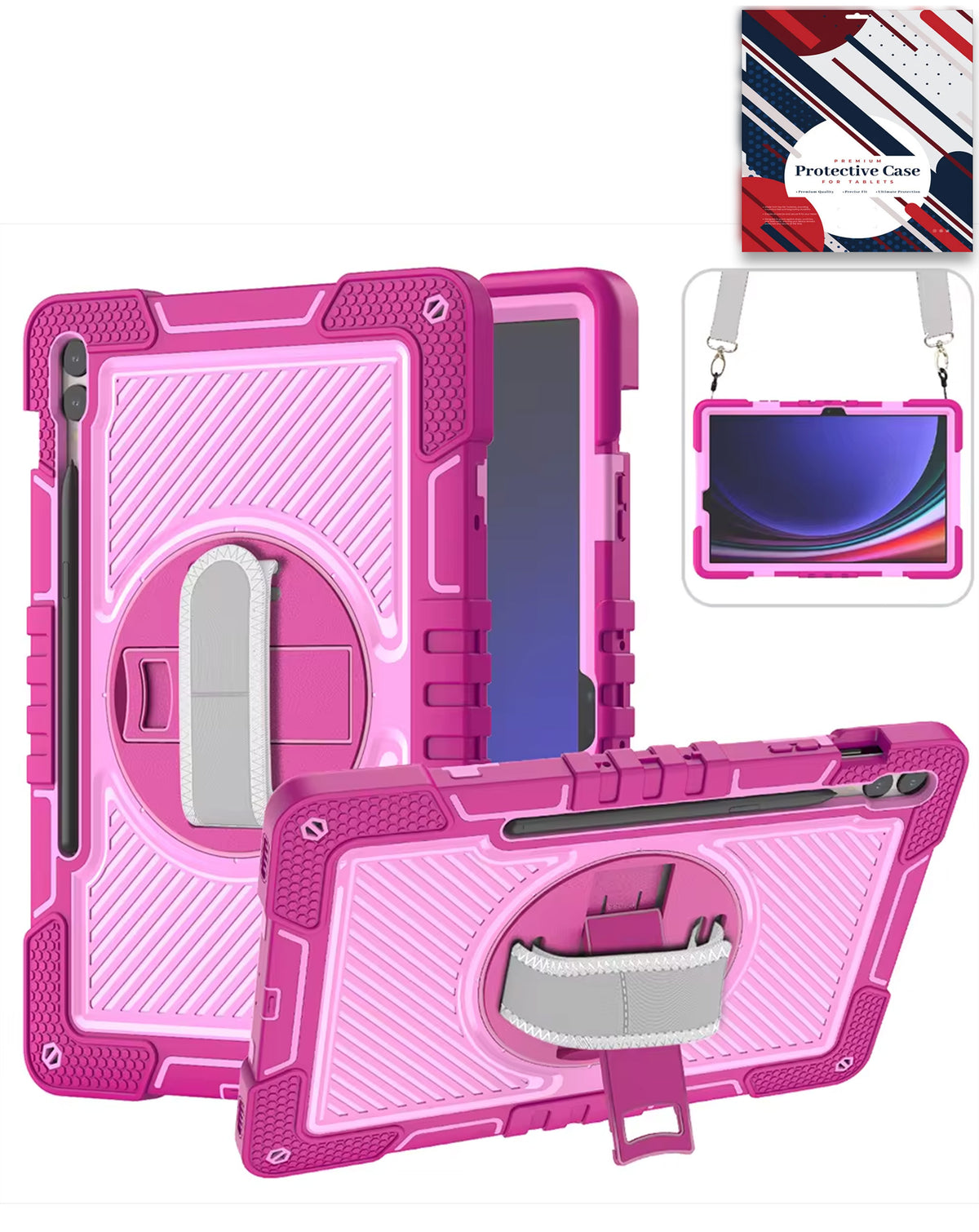 360 Rotating Hand Strap & Kickstand Case with Shoulder Strap (HOT PINK) for Galaxy Tab S9 FE / Tab S9 Plus / Tab S10 Plus (Only Ground Shipping)