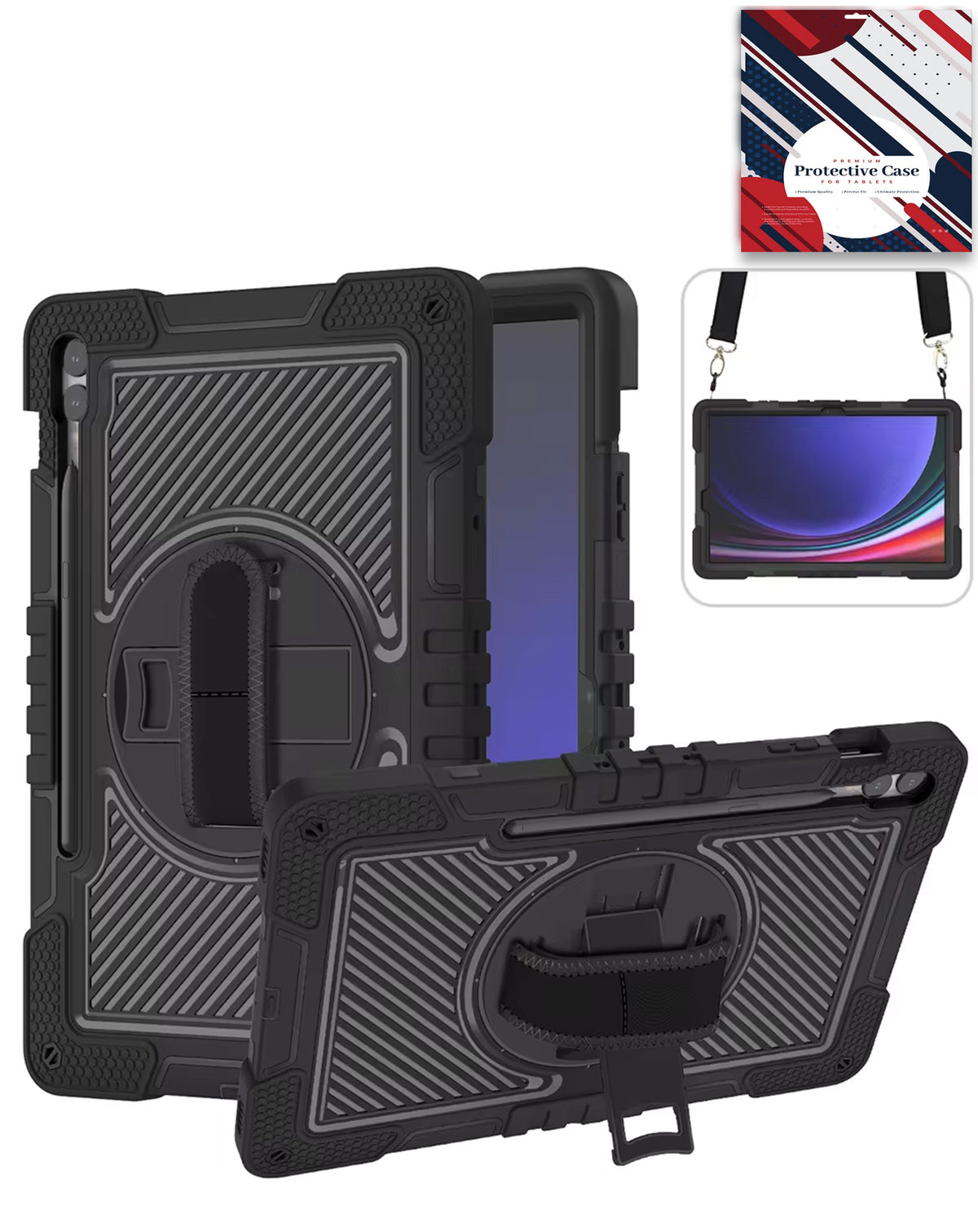 360 Rotating Hand Strap & Kickstand Case with Shoulder Strap (BLACK) for Galaxy Tab S9 FE / Tab S9 Plus / Tab S10 Plus (Only Ground Shipping)