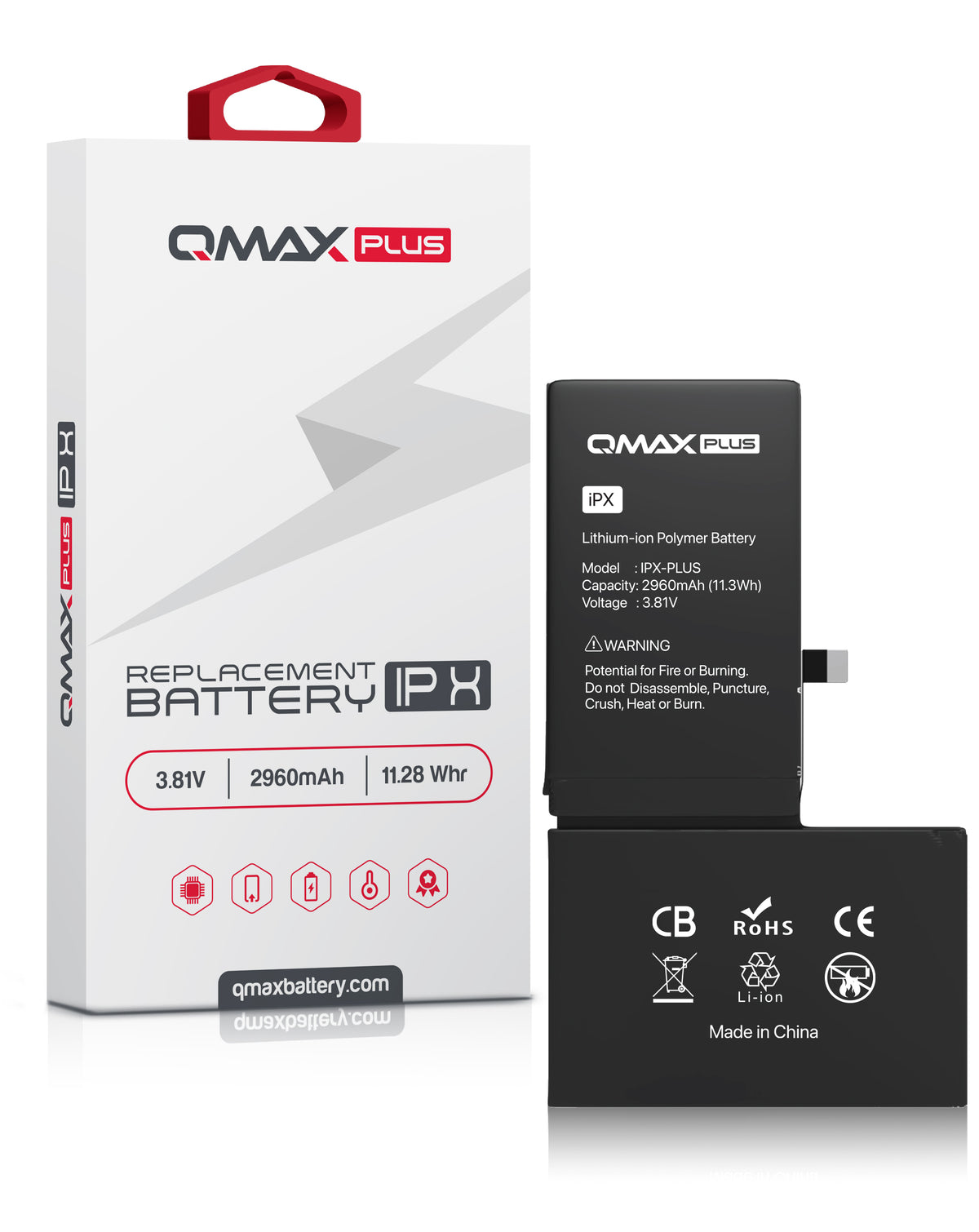 QMAX Plus Replacement Battery for iPhone X (2960 mAh) (Only Ground Shipping)