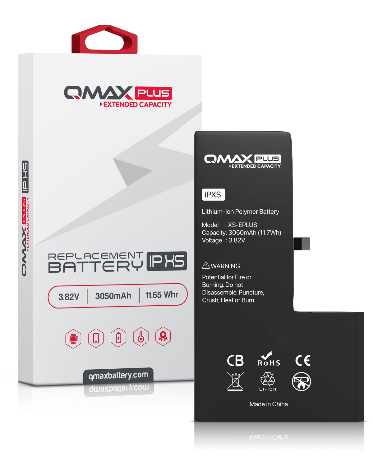 QMAX Plus Extended Capacity Replacement Battery for iPhone XS (3050 mAh) (Only Ground Shipping)