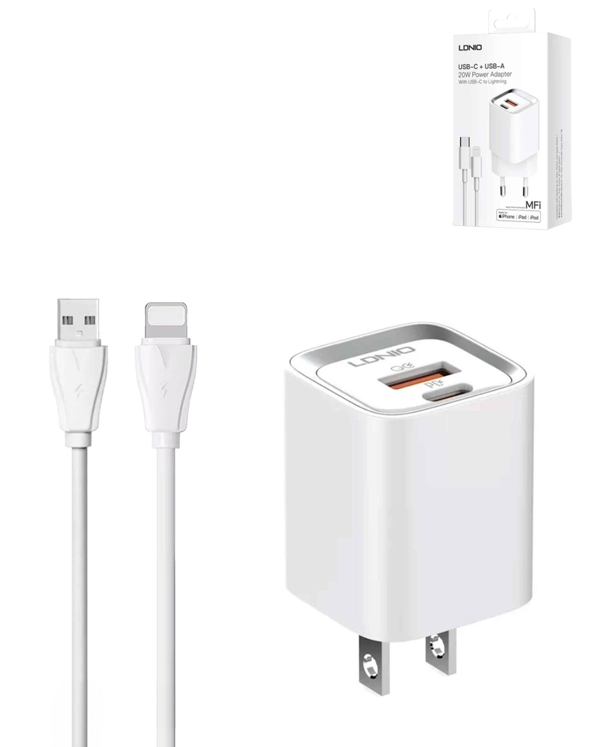 LDNIO A2318M QC3.0+PD SB A+C Wall Charger USB C-Lightning MFI Cable (3ft) (20W) (Only Ground Shipping)